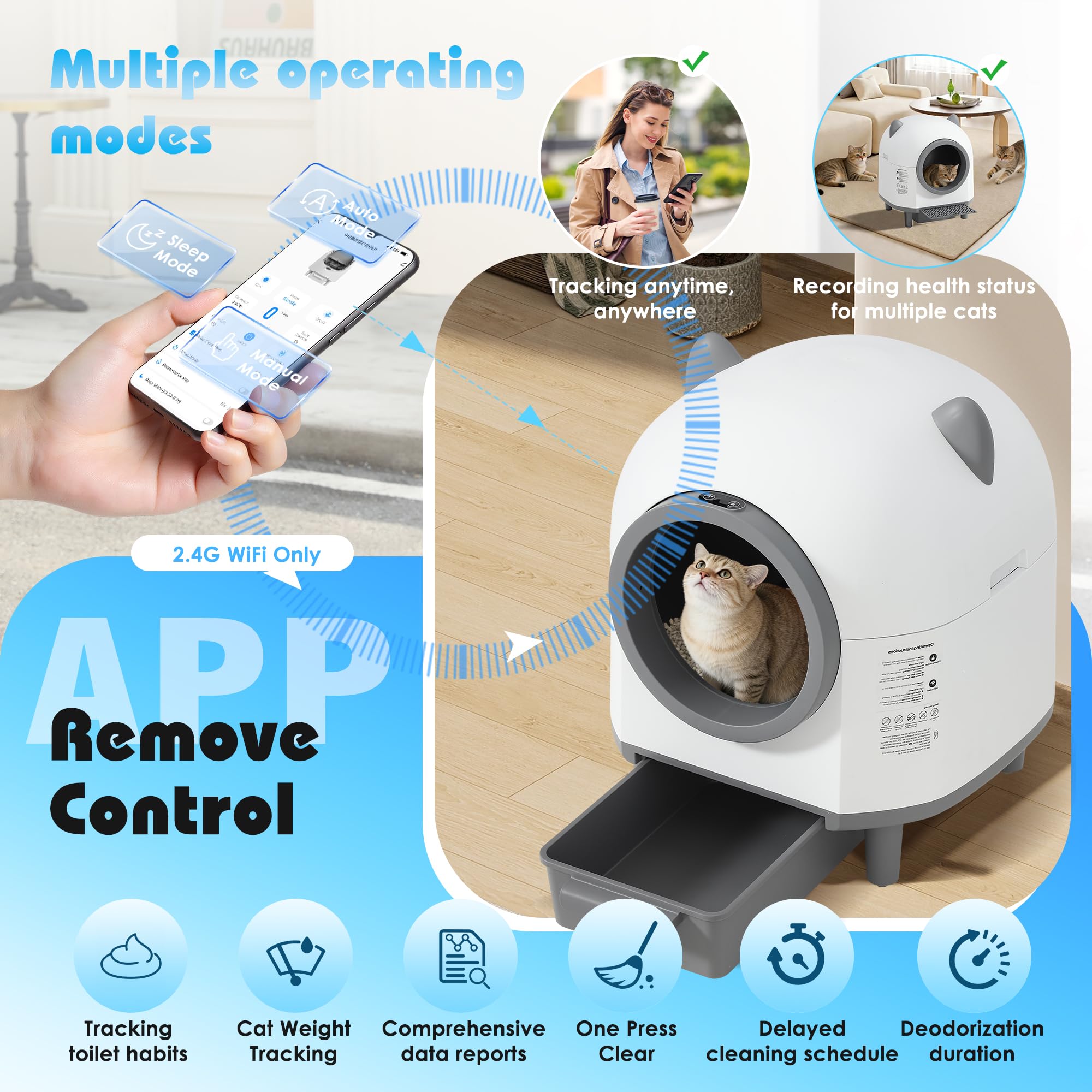 Automatic Cat Litter Box, Self Cleaning Litter Box with APP Control for Multiple Cats, Large Robot Kitty Litter Box with Safety Sensors, Odor Removal, 2 Roll Garbage Bags, 90L Cat Ears Design - image 3