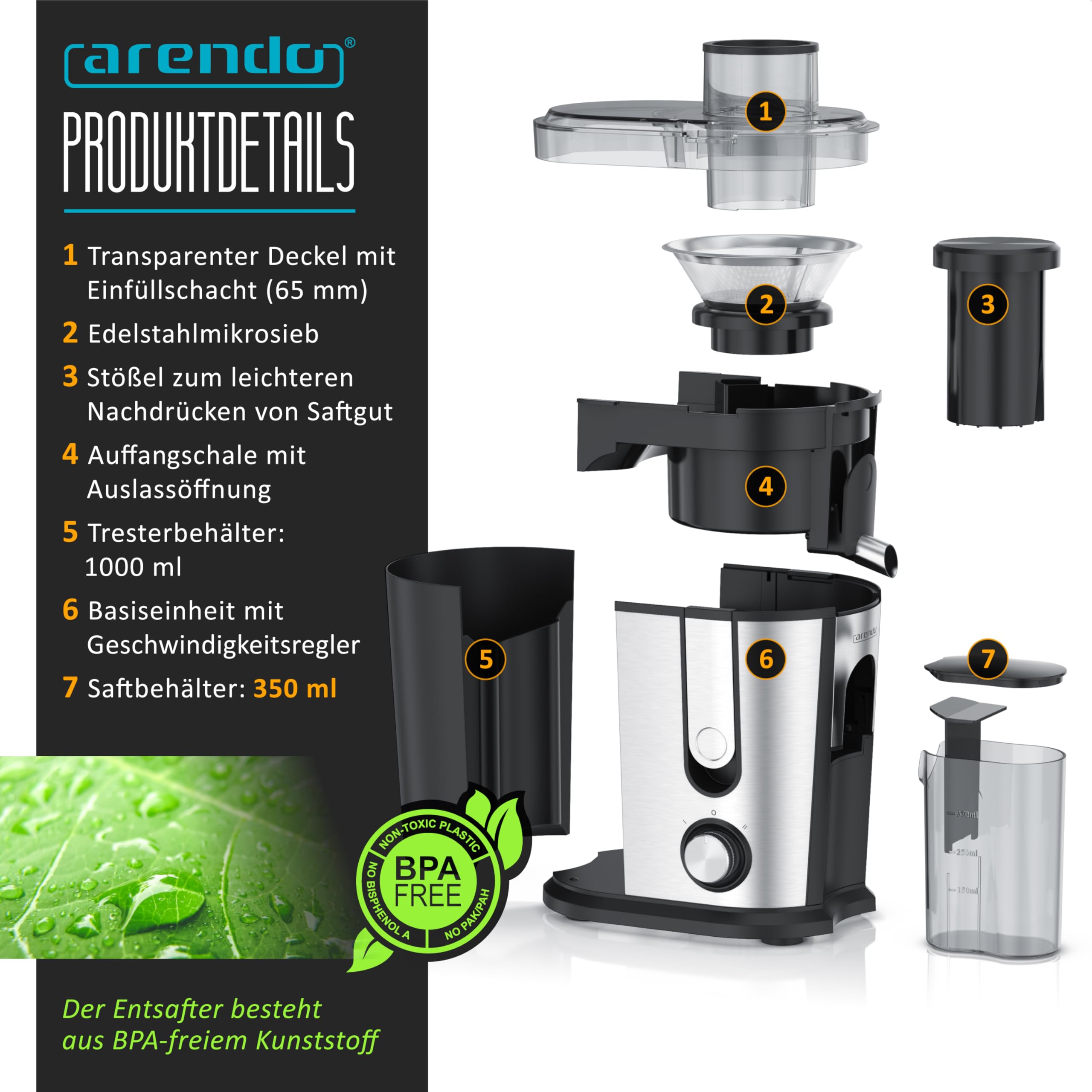 Arendo - Entsafter Edelstahl Obst und Gemüse - Zentrifugaler Entsafter - elektrisch - 2 Geschwindigkeitsstufen - Überhitzungsschutz - Edelstahlgehäuse - 600 W - BPA-frei