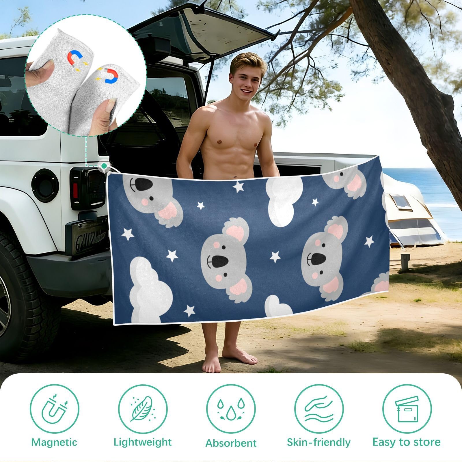 Grandes serviettes de plage avec sacs en maille pour adultes, motif koala mignon Good Night avec fermeture magnétique, serviette absorbante à séchage rapide pour piscine, camping et voyage, 190