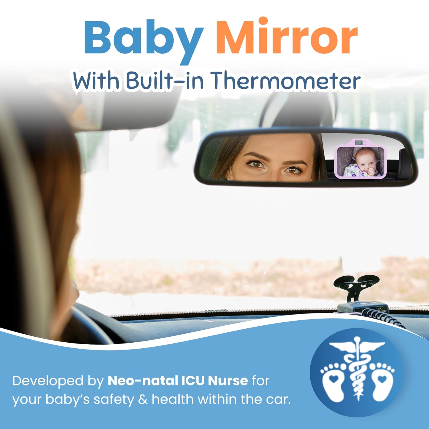 Theromirror - Baby Car Mirror with Temperature Display, Rear Facing Car Seat Mirror, Newborn Essentials, Wide Angle (Pink)