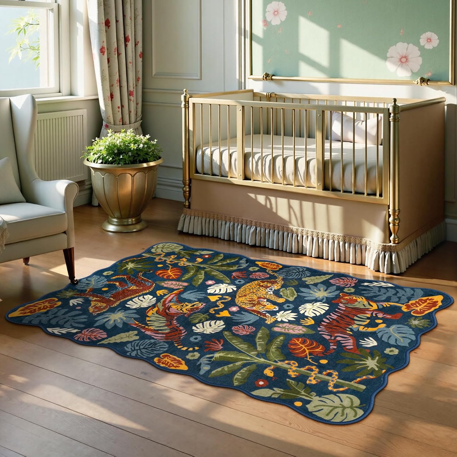 LEEVAN 3x5 Bedroom Rug Washable Tiger Kitchen Rugs Non Slip Blue Entryway Mat Scalloped Office Floor Pad Leopard Living Room Rug Low Pile Playroom Carpet Jungle Kids Mat