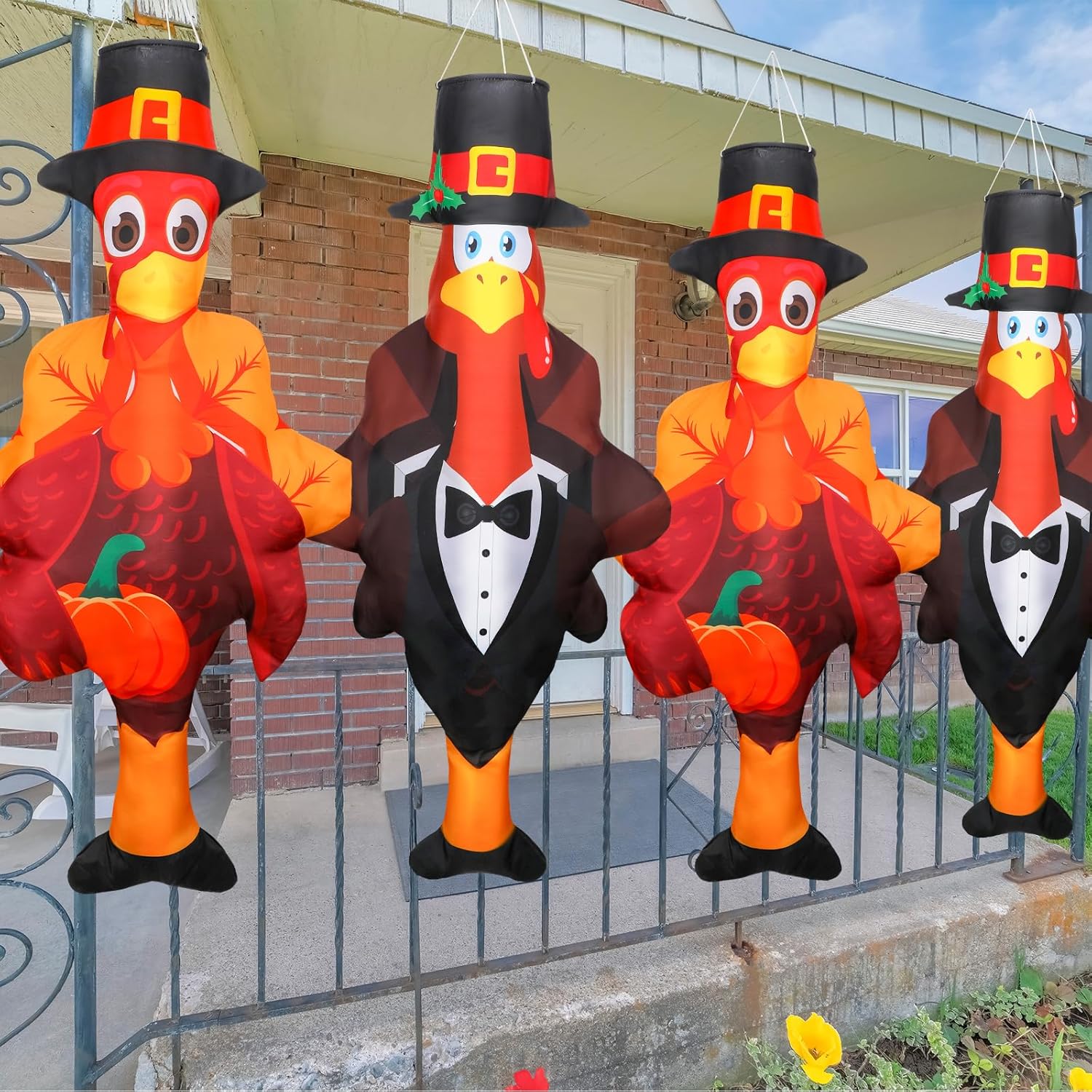 Copkim 4 Pcs Fall Thanksgiving Turkey Windsocks 3D Outdoor 39 Inches Cute Hanging Wind Socks Decorations for Outside Yard Garden Tree Patio Lawn Decor