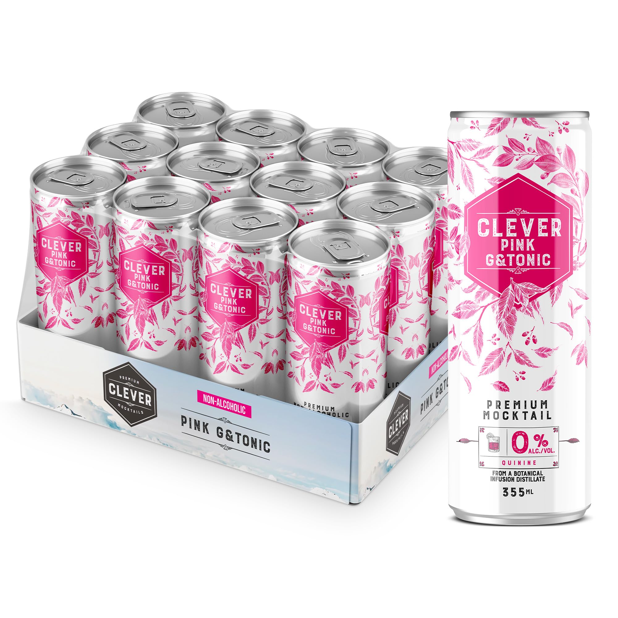 CLEVER - Pink G & Tonic, Nonalcoholic Mocktails for Any Occasion, Refreshing Beverages Inspired by Gin & Tonic, Low-Calorie Mocktails Non-alcoholic Drinks with 80 Calories, Pack of 12 (12 oz Ea)