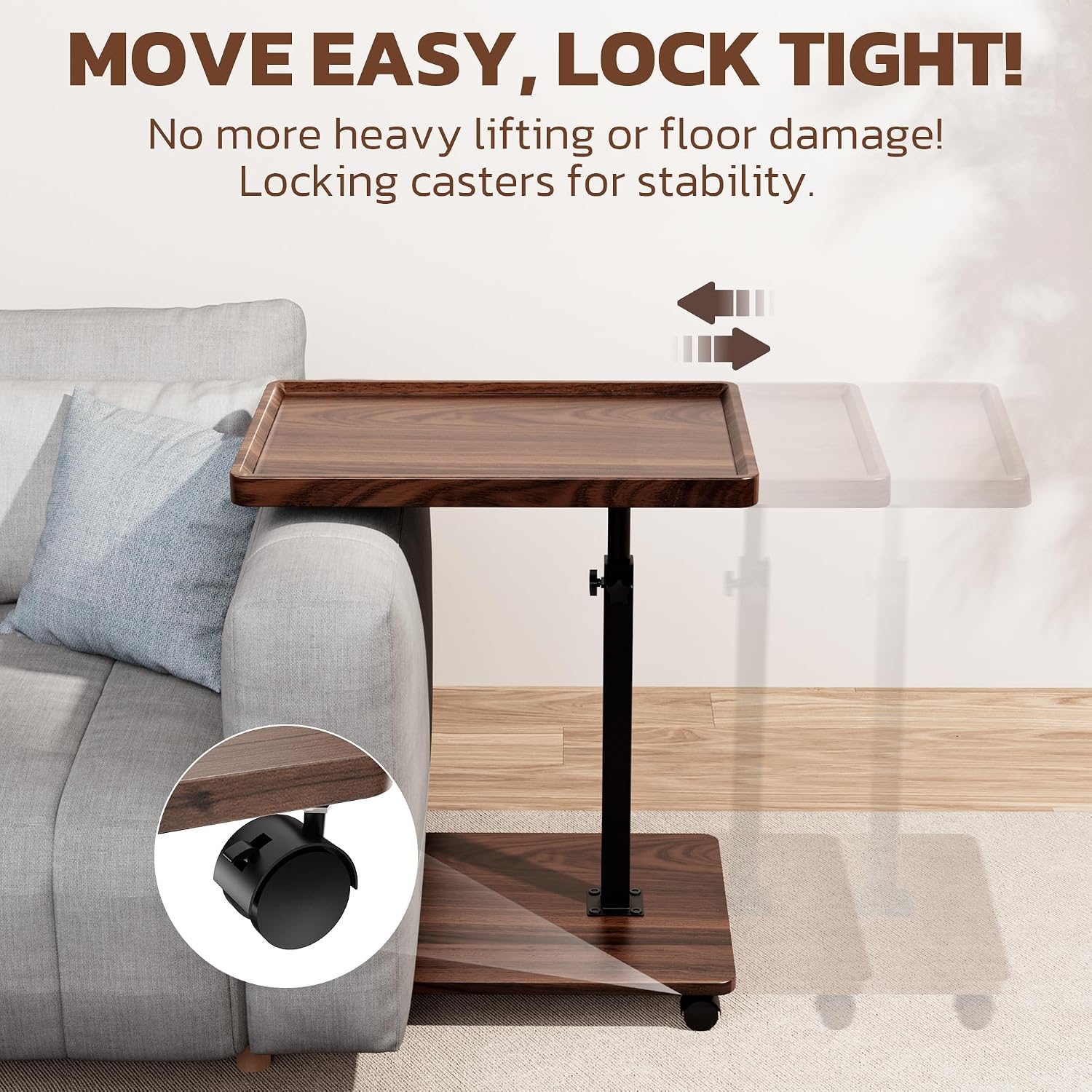 Large C-Shaped End Table, Swivel TV Tray, Couch Side Table Walnut