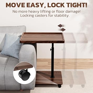 Large C-Shaped End Table, Swivel TV Tray, Couch Side Table Walnut