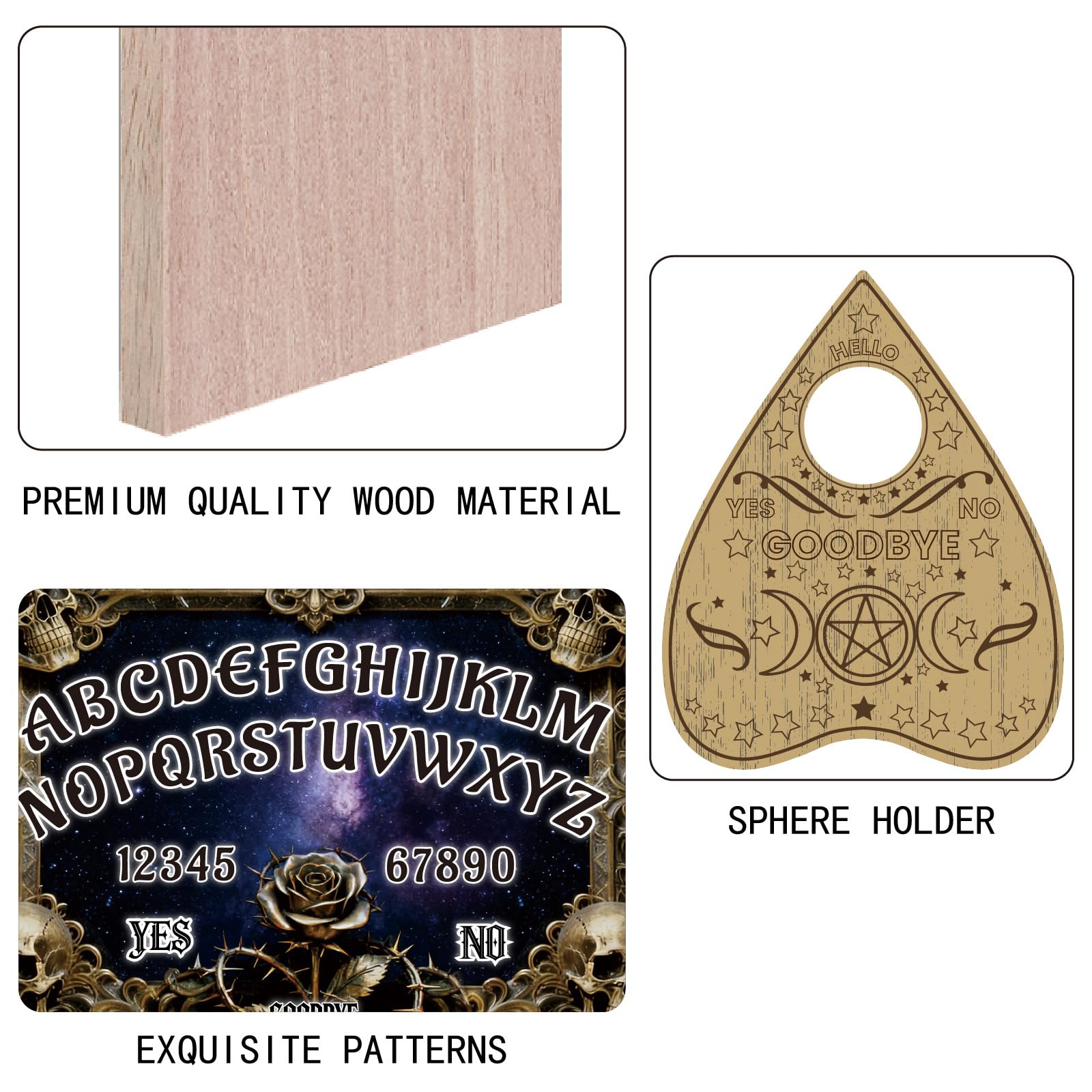 PRESSINART Spirit Board Wood Divination Set Skull Pattern Talking Pendulum Dowsing Board with Heart Planchette 12 x 8 Inch Witchcraft Decor for Adults Party Fun Family Gathering Mystic Game Supplies - Image 3
