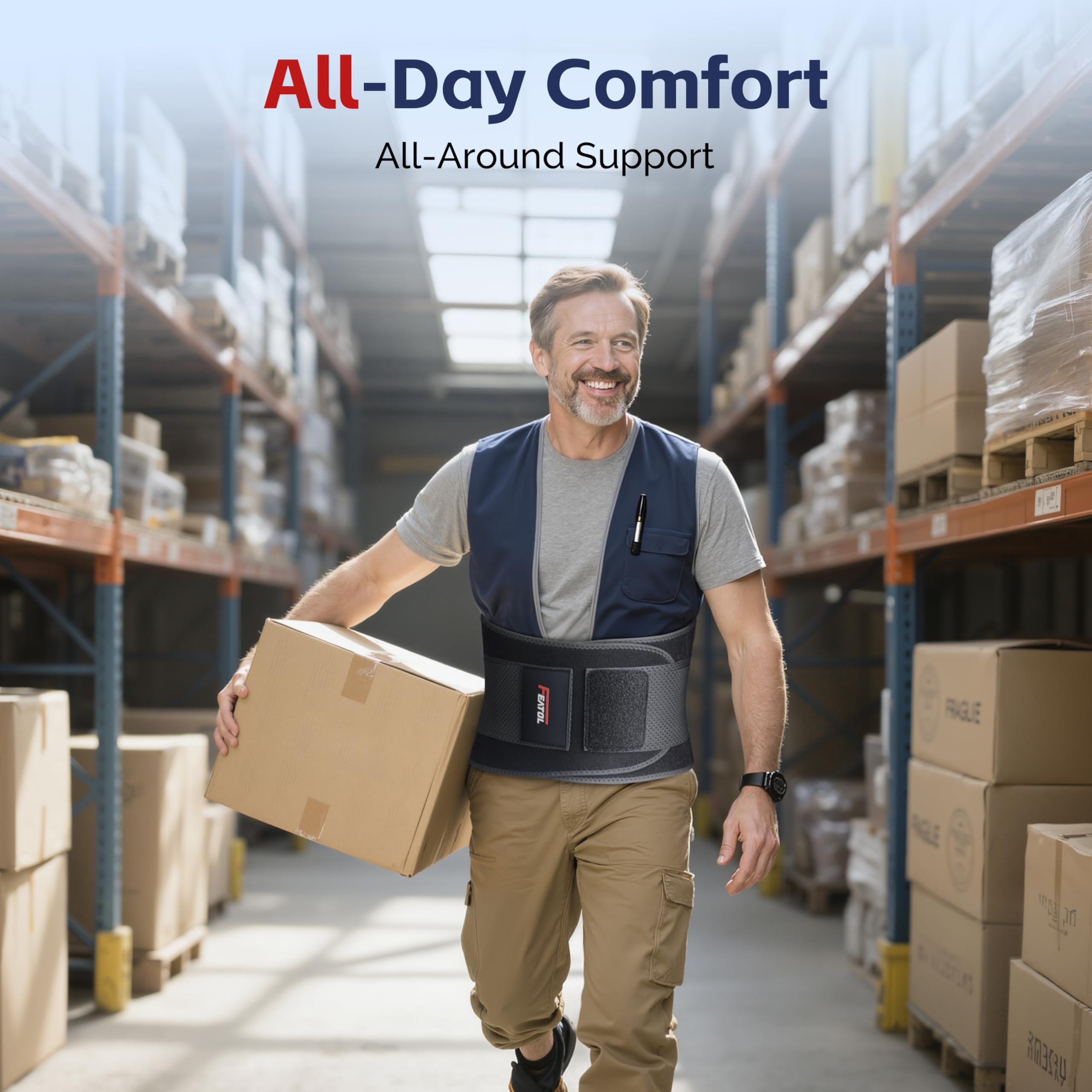 FEATOL Soporte de espalda para hombre, cinturón de apoyo lumbar, dolor de espalda, correas de apoyo ajustables con almohadilla lumbar extraíble para trabajos de levantamiento pesado, negro, talla