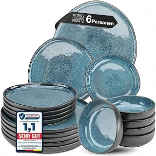 Moritz & Moritz Steingut Geschirrset 6 Personen Blau 18-Teilig - Steingut Teller Set bestehend aus 6x Dinnerteller, 6x Dessertteller, 6x Suppenteller - Serie Organic
