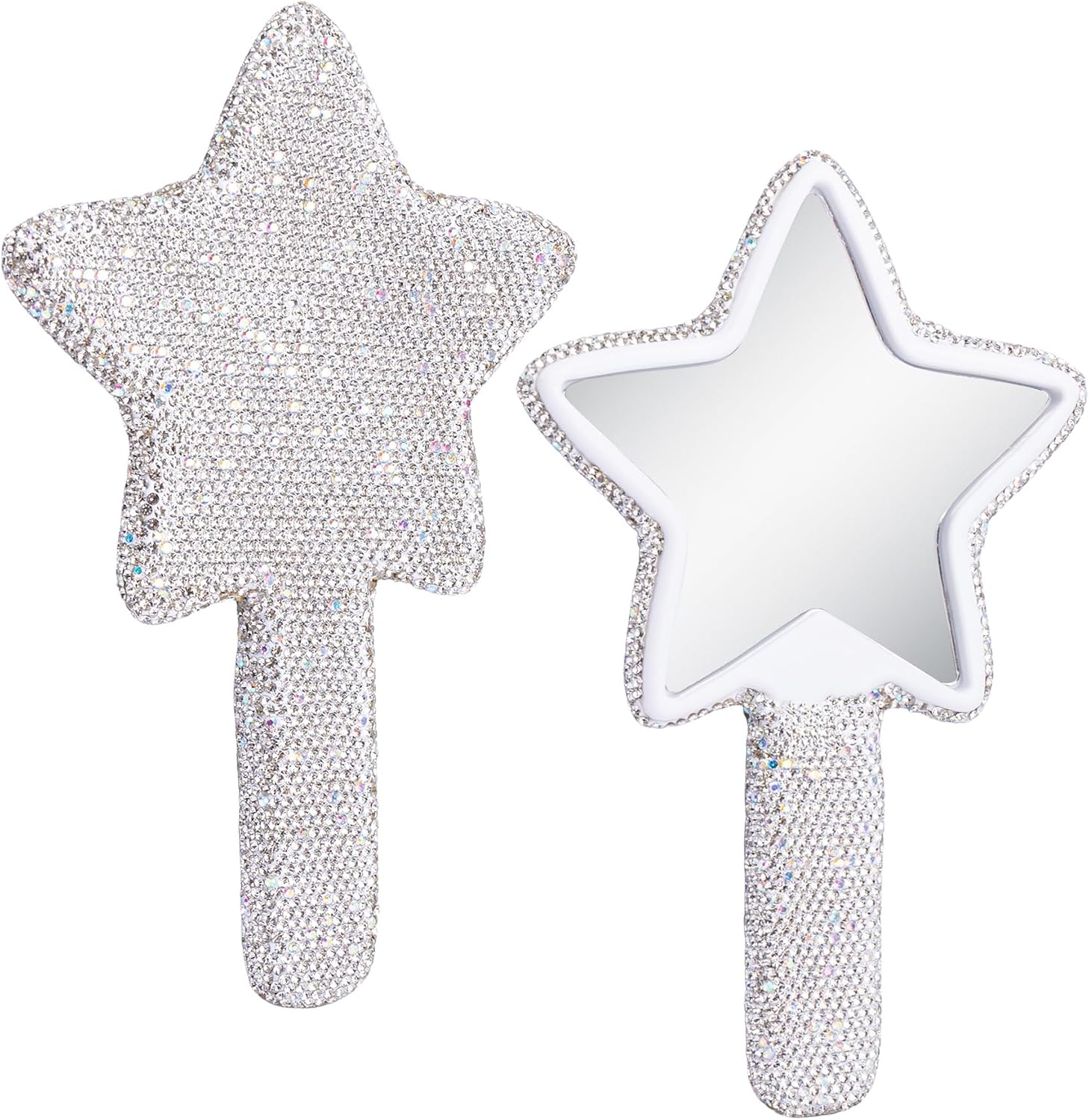 Rhinestone Star Shape Handheld Mirror Glitter Dazzling Hand Mirror for Women Makeup Travel (Silver)
