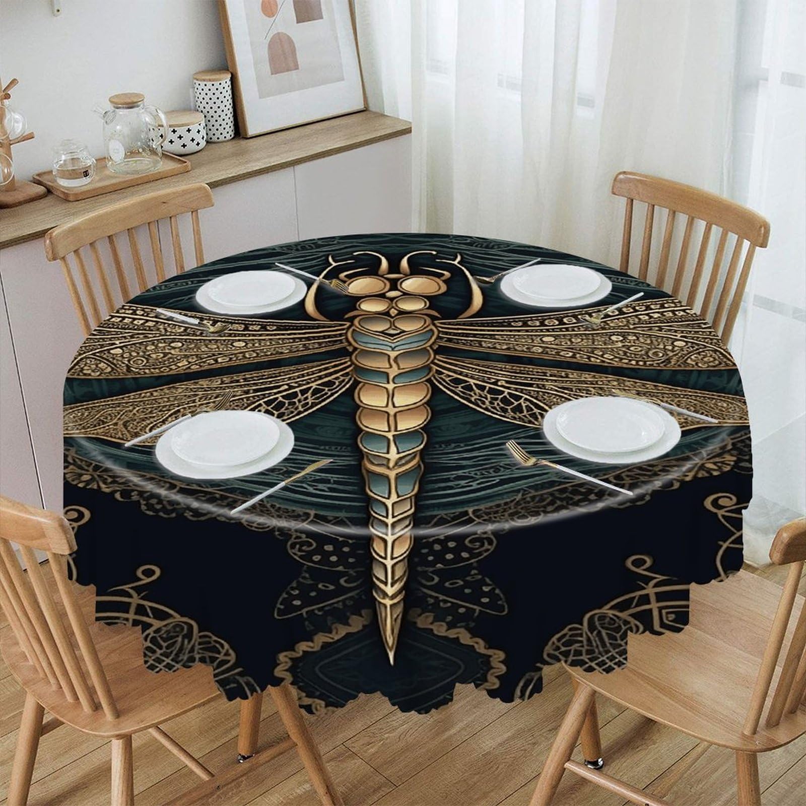 VstaDank Dragonfly Round Tablecloth Wipeable Round Polyester Tablecloth Waterproof Wrinkle Free Indoor and Outdoor Table Cover 60 Inch Decorative Farmhouse Table Cloth for Dining