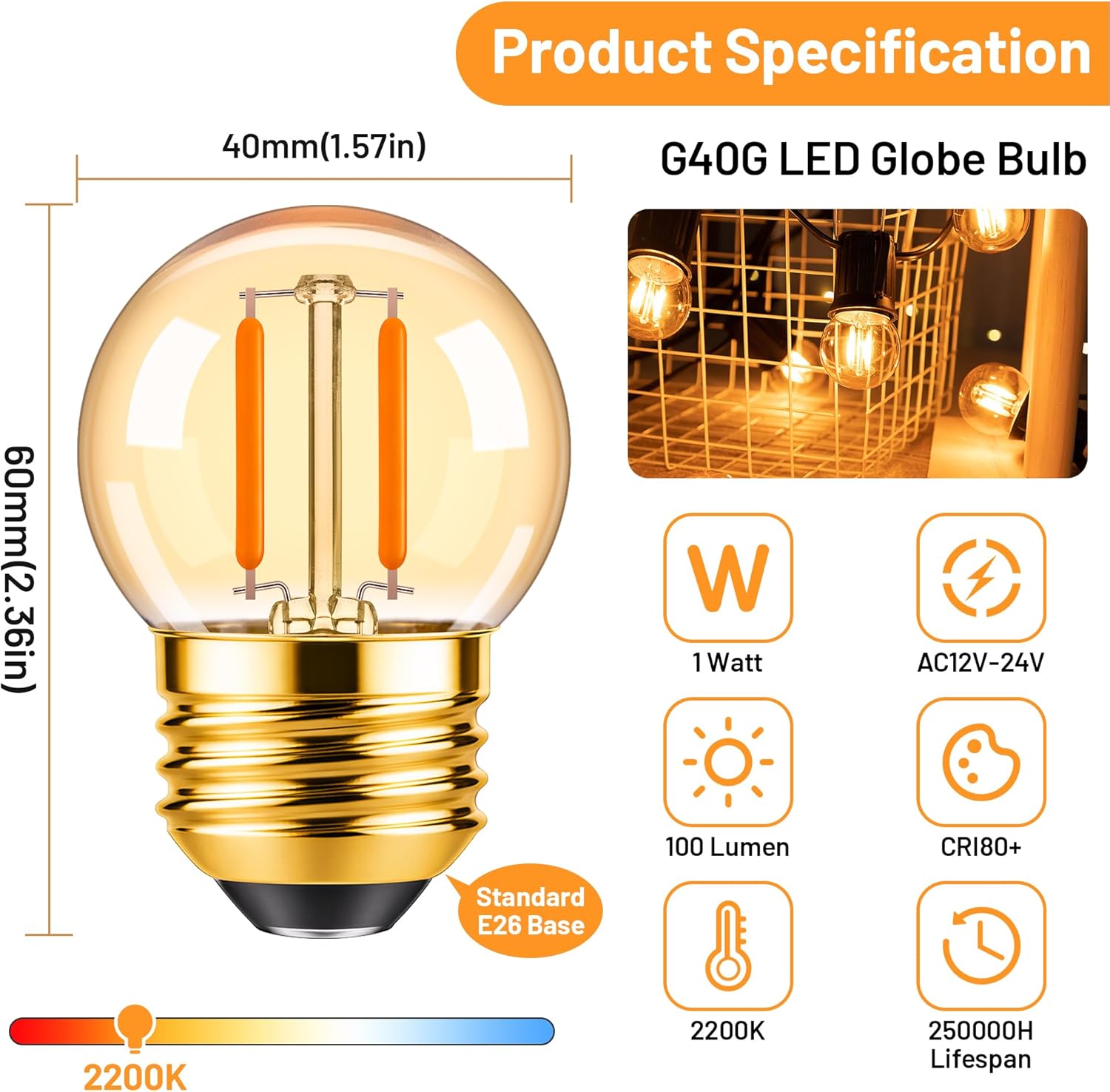 12 Volt Low Voltage LED Light Bulbs - Soft Warm 2200K 1W (Only for 12V -24V DC/AC)- 15W Equivalent E26 Edison Base Small Globe Bulb for RV, Landscape Lights, 6Pack