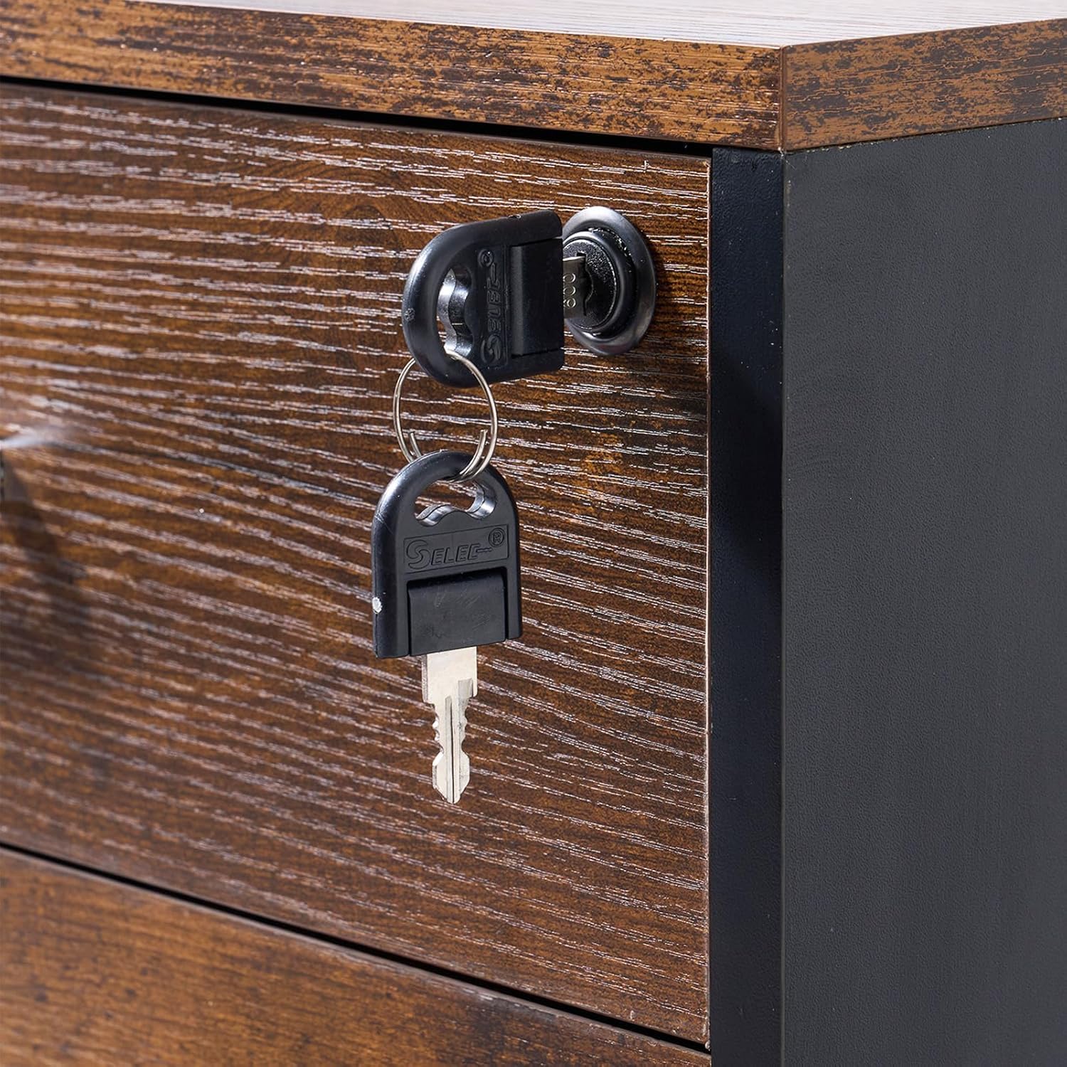 SDHYL Abschließbarer Aktenschrank mit 3 Schubladen Mobile Kommode Büroschrank auf Rollen Industriestil Braun/Schwarz