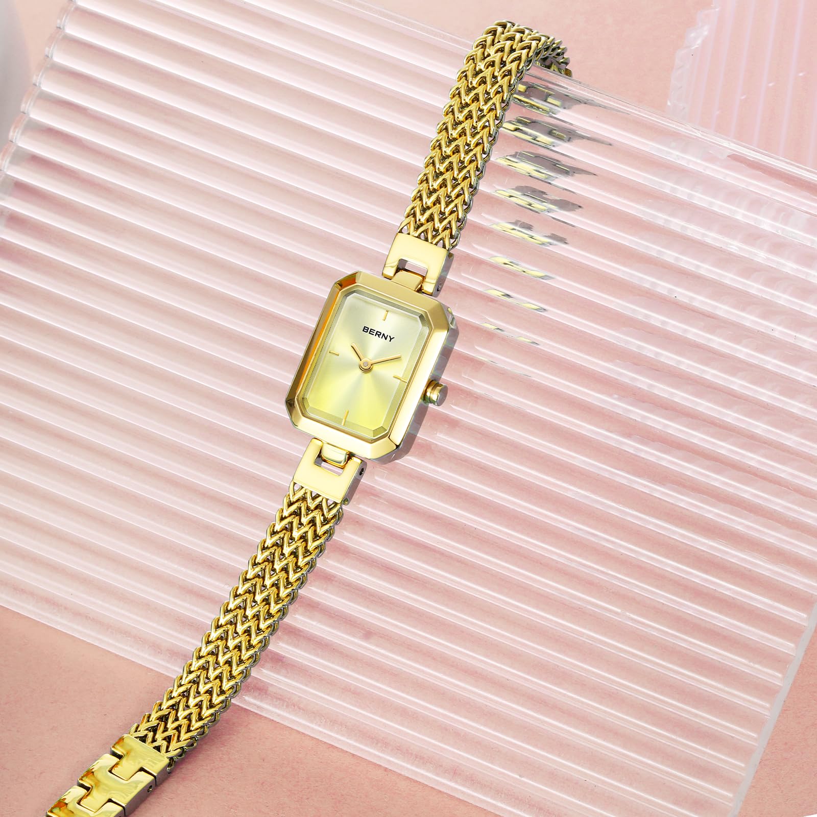 BERNY Frauen Uhr Damen Rechteck Mini Armbanduhren Quarzwerk Mode Minimalistische Uhr 3ATM wasserdichte Edelstahl Abnehmbare Uhrenarmband