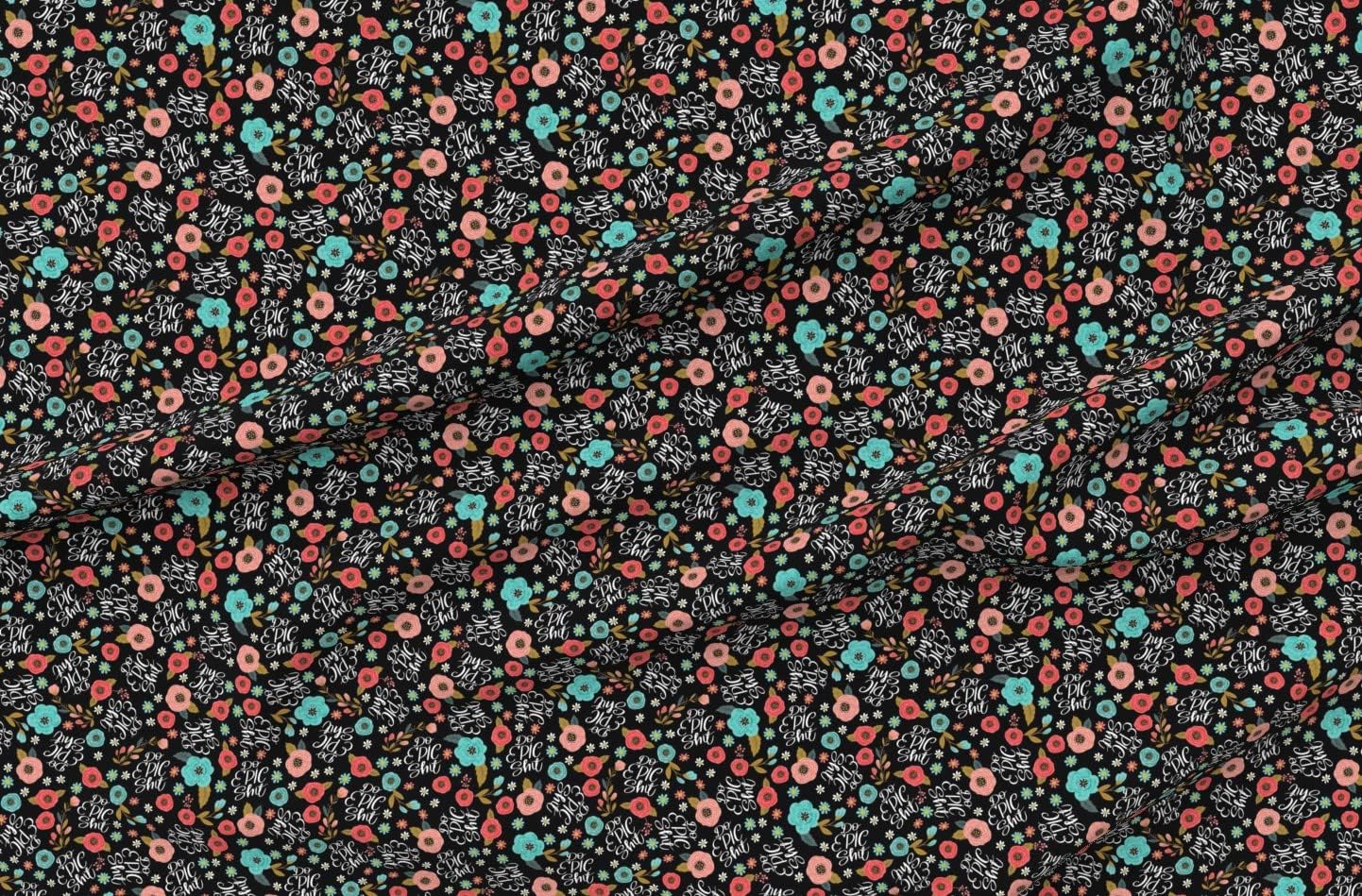 Spoonflower Fabric - Pretty Flowers Floral Turquoise Black Girly Feminine Profanity Curse Printed on Minky Fabric by The Yard - Sewing Baby Blankets Quilt Backing Plush