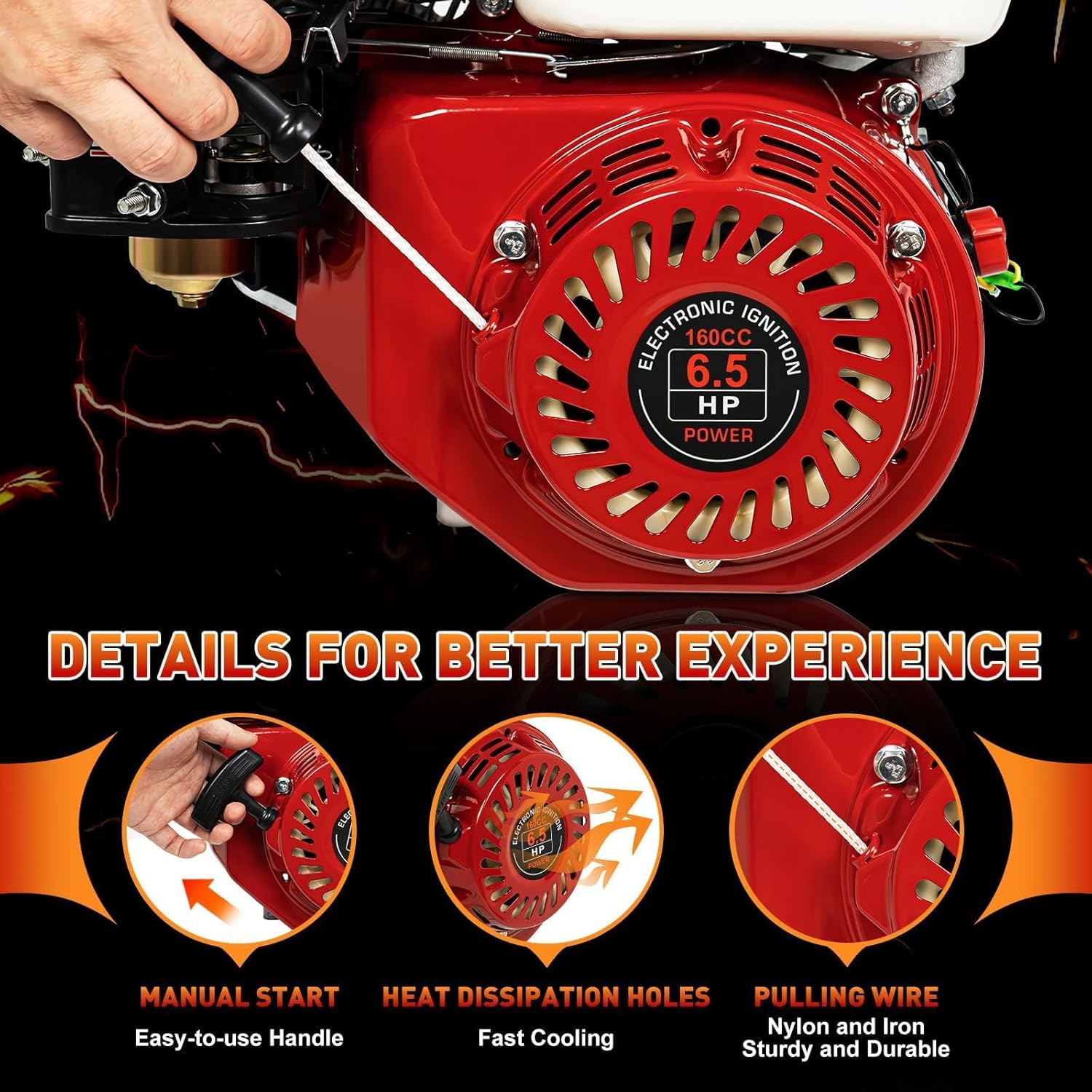 6.5HP 160CC Gas Engine 4-Stroke Horizontal Shaft with Pull Start, OHV Air Cooled Gasoline Motor - Replaces for Honda GX160 for Go Kart, Log Splitter, Lawn Mower, Mini Bike