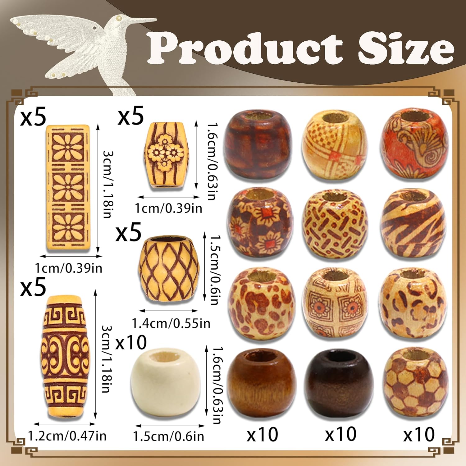 60PCS Wood Hair Beads Large Hole Tube Beads Loc Dreadlock Jewelry Accessories Multi Style Braids Bead African Vintage Hair Decoration for Women - Image 4