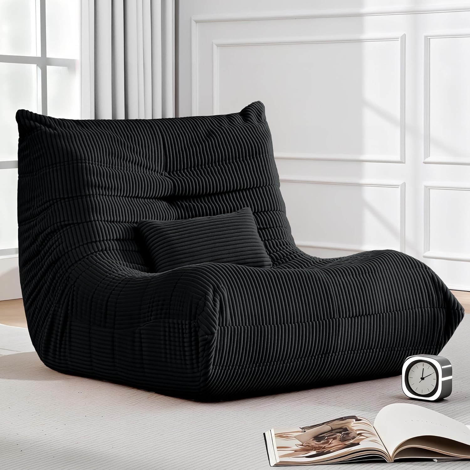 Bean Bag Chair for Adults, Giant Bean Bag Chairs with Lumbar Pillow, Oversized Corduroy Memory Foam Boneless Chair with High-Rebound, Lazy Floor Sofa for Reading Gaming Living Room Bedroom, Black