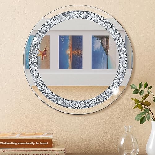 Espejo redondo de cristal de diamante de 12 pulgadas, decoración de baños, espejos de dormitorio, espejos pequeños para paredes, espejo colgante de