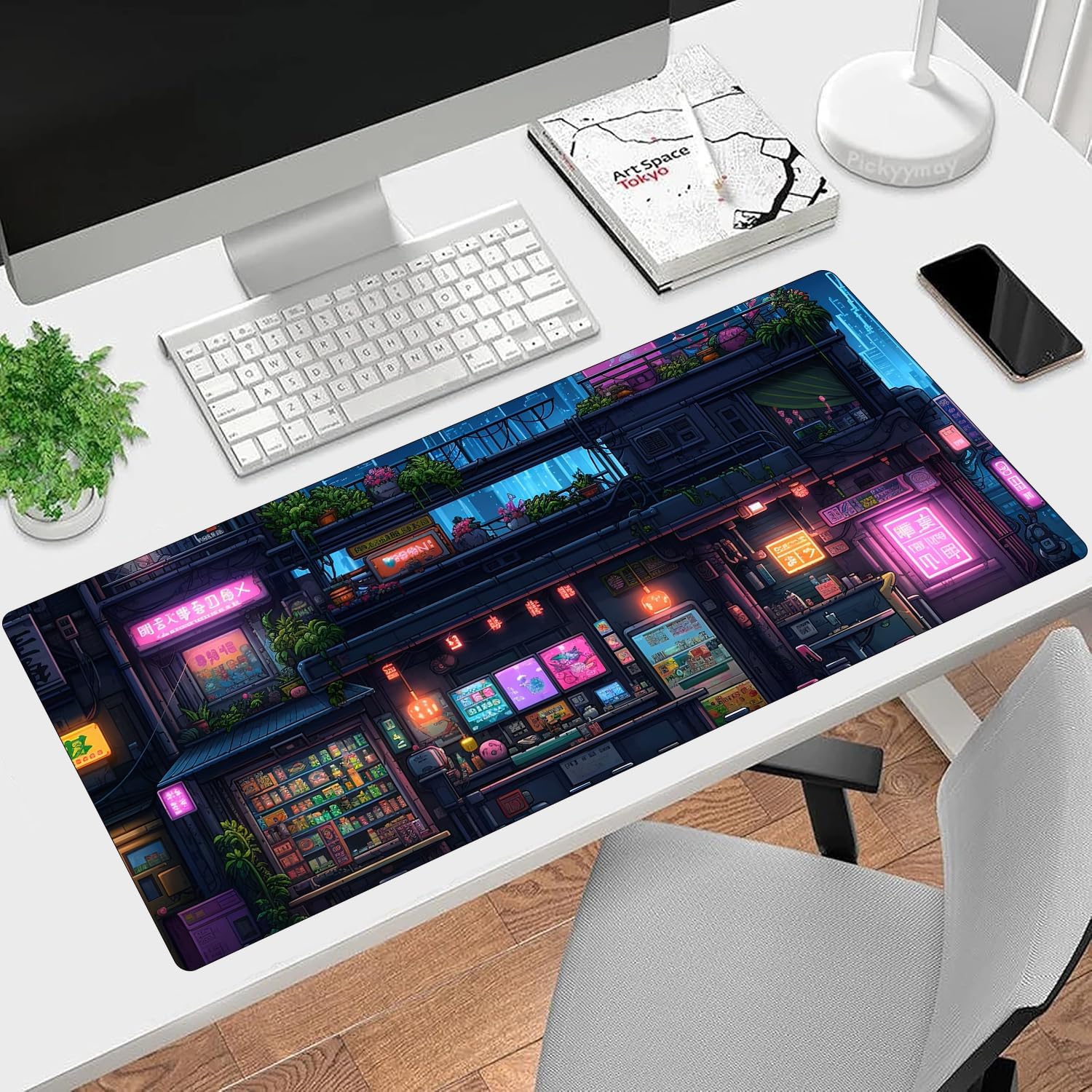 Cyberpunk Modern City Ramen Shop Large Gaming Mouse Pad Keyboard Desk Pad XXL Extended Mouse Pad Gaming Office Decor, Pc Laptop Mouse Pads (35.4x15.7 in) with Stitched Eges Non-Slip Large Computer Mat image 2
