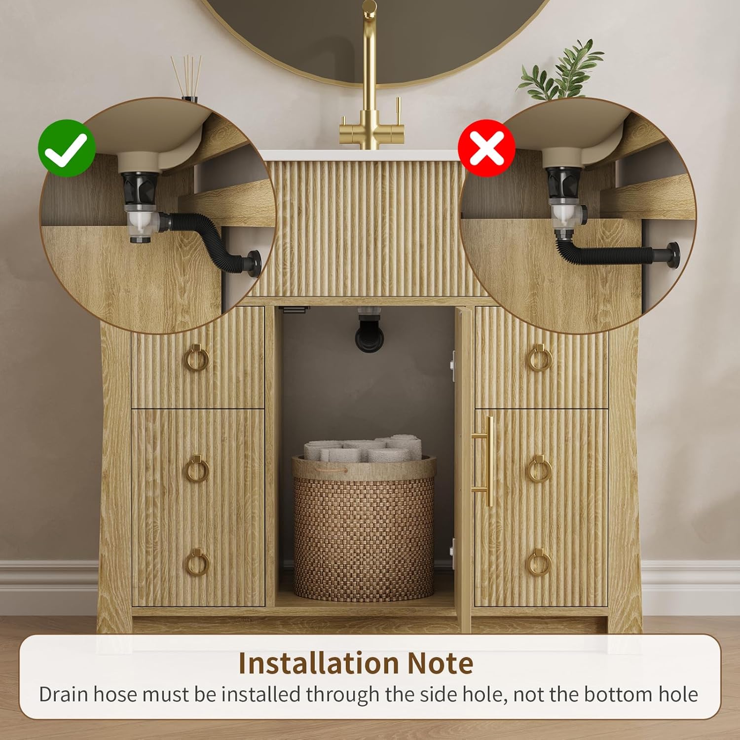 Yanosaku 36" Bathroom Vanity with Sink and Drain Pipe, Freestanding Fluted Bathroom Sink Cabinet with 4 Drawers & 1 Door, Farmhouse Vanity Sink Cabinet for Bathroom, Natural Oak