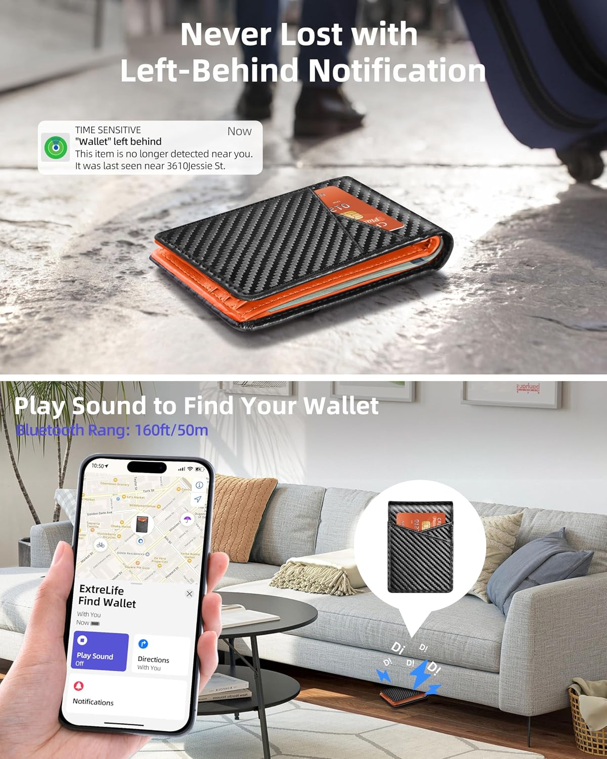Smart Men Wallet with Find My, Wallet Tracker, RFID Blocking Credit Card Holder, Left-Behind Alert, Play Sound, Anti-Loss, Wireless Rechargeable, Works with iPhone, iPad, Mac, Carbon Black & Orange image 3