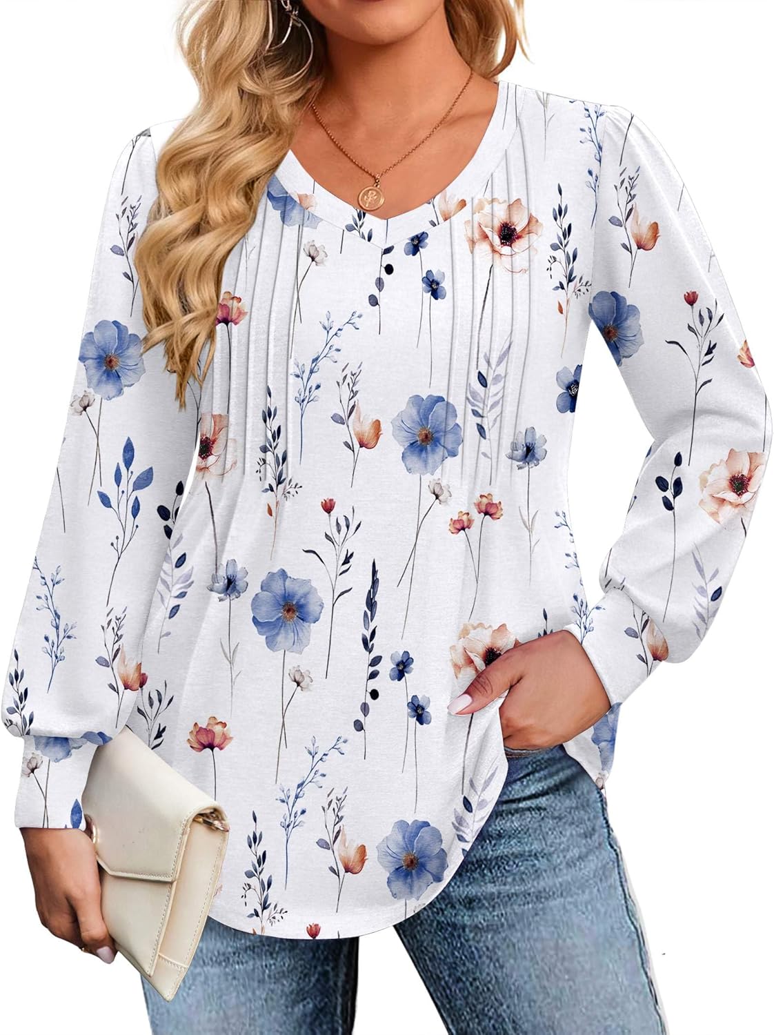 IN'VOLAND Womens Plus Size Shirts Puff Long Sleeve Tops Pleated V Neck Tunics Fall Dressy Casual Loose Blouse - Image 2