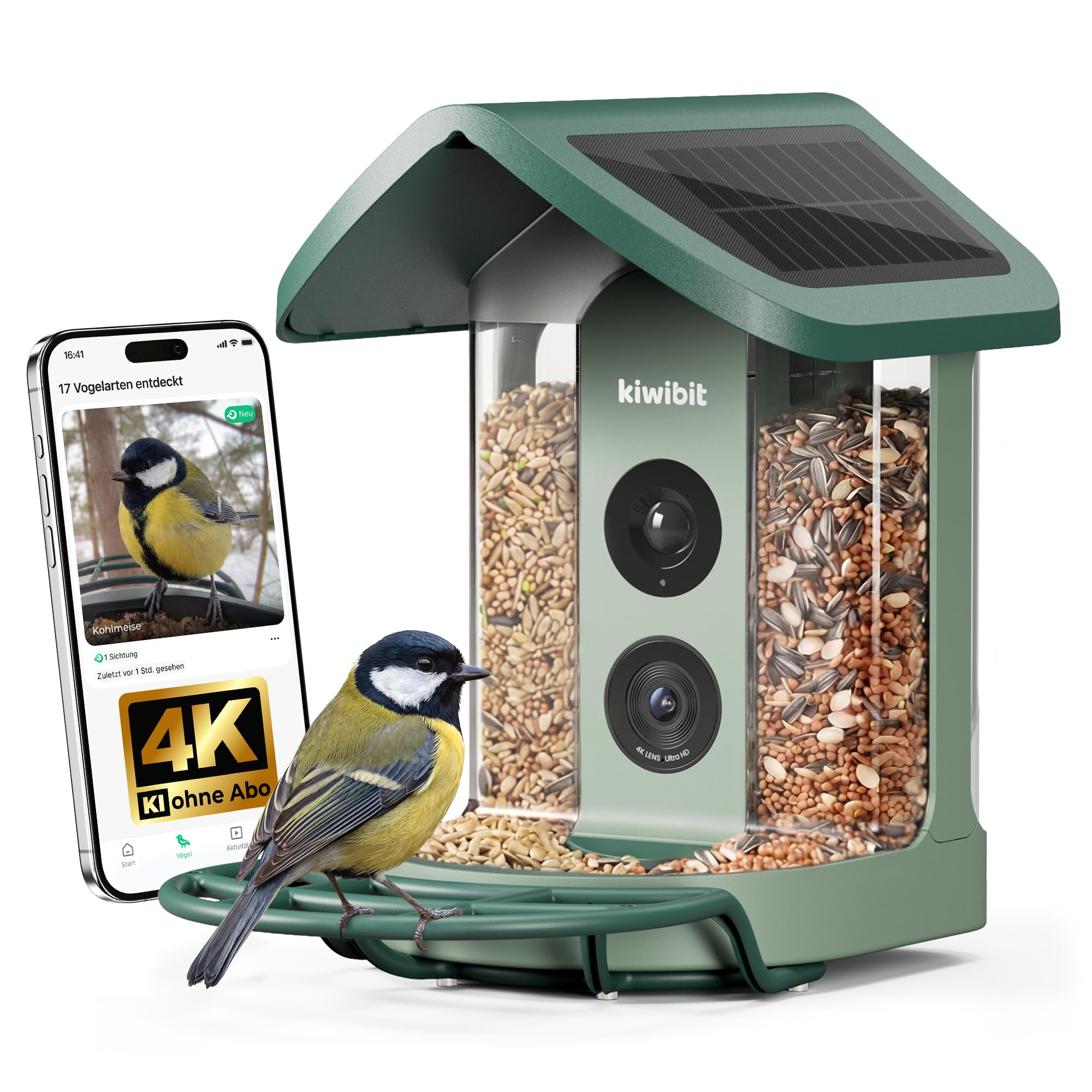Kiwibit Smart Vogelhaus, 4K Kamera, KI-Erkennung, integriertes Solardach | 8MP Fotos, Live-Ansicht, KI-Vogelerkennung mit Kiwibit , Echtzeit-Alarm und Zwei-Wege-Audio