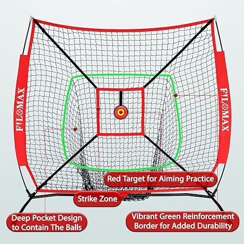 Miniatura 3 de Red de práctica de béisbol y sóftbol de 5 x 5 pies con zona de ataque roja y objetivo  Red de entrenamiento de béisbol y softbol juvenil para golpe,