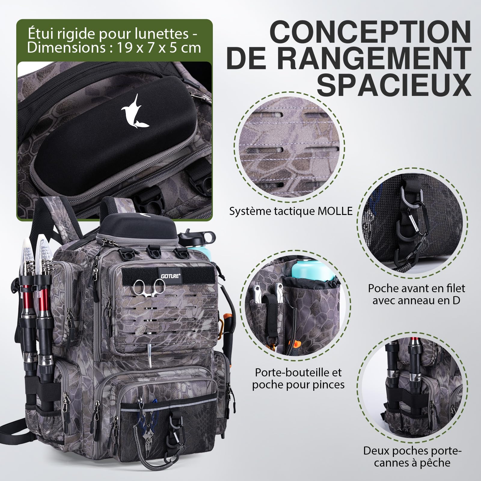 Goture Sac de pêche 45 L Tissu Oxford 900D Dos Souple résistant à l'eau avec Porte-Cannes et Housse de Pluie
