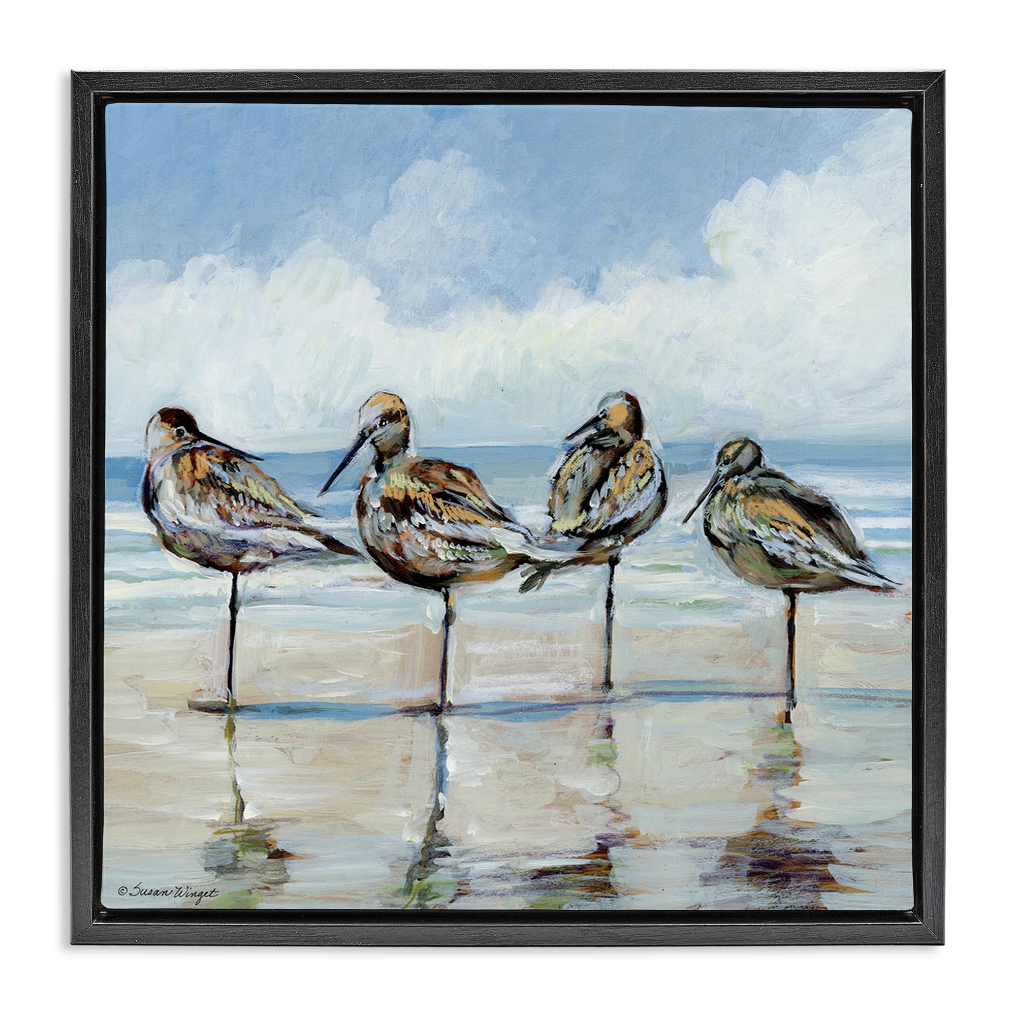 'Sandpipers Balancing On Beach'| Floating Frame Canvas Art