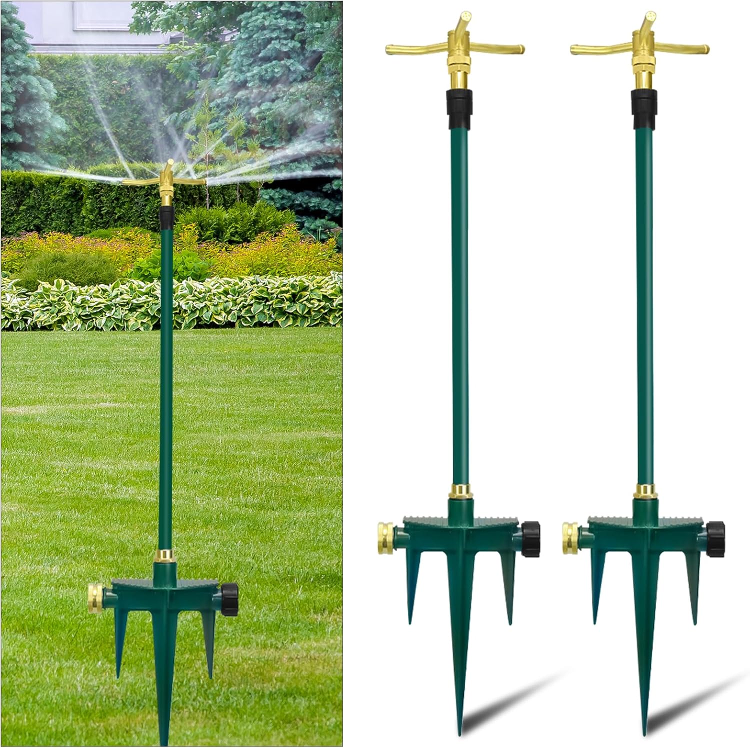 3-Arm 360° Rotating Garden Sprinkler, 2 Pack Telescoping Sprinkler with Spike, Brass Garden Lawn Water Sprinkler for Large Area up to 40 Inches
