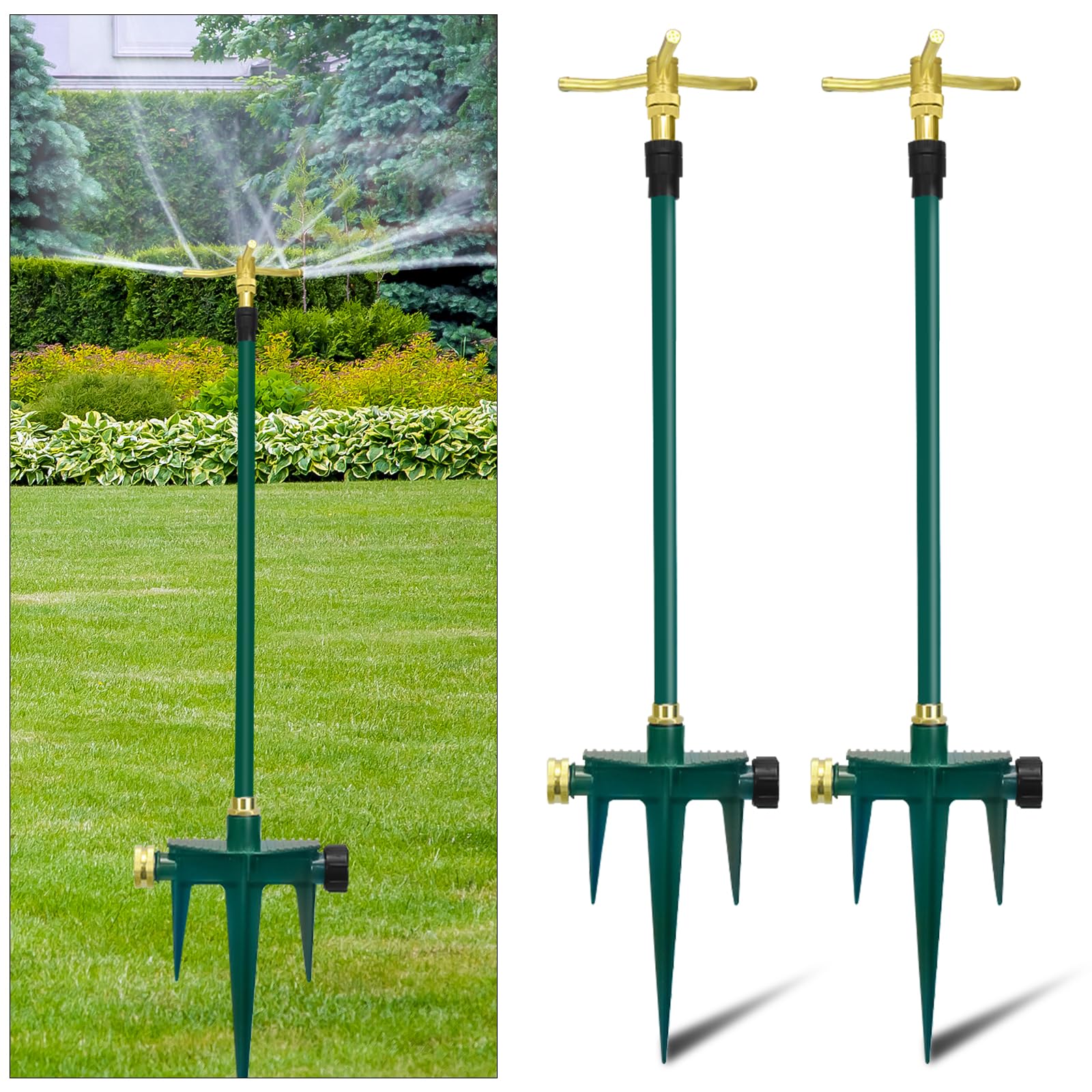 Aspersor de jardín giratorio de 360° de 3 brazos, paquete de 2 aspersores telescópicos con estaca, aspersor de agua de latón para césped de jardín para grandes áreas de hasta 40 pulgadas
