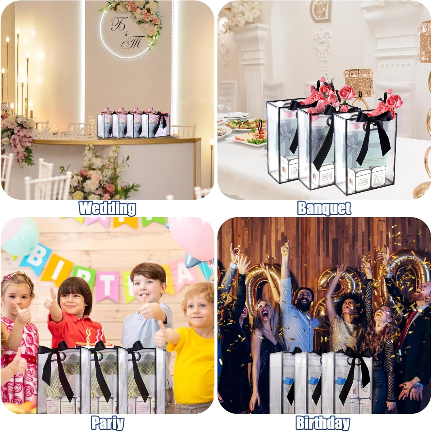 GAWBYET 24 Pcs Clear Plastic Gift Bags with Handles, Reusable Party Favor Bags With ribbons and cards for Mother's Day, Birthday, Wedding,Bachelorette Party,(7 x 10 x 3.15 Inch)