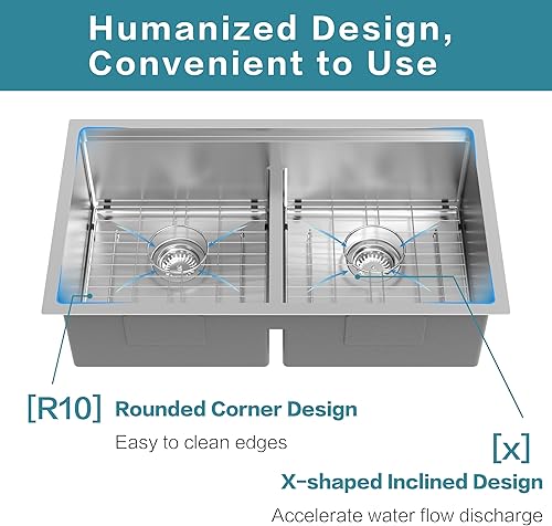 Vista 33 de Fregadero de cocina de acero inoxidable S304 de calibre 16 de 33 x 22 x 10 pulgadas, hecho a mano, moderno, con accesorios y fregaderos de cocina
