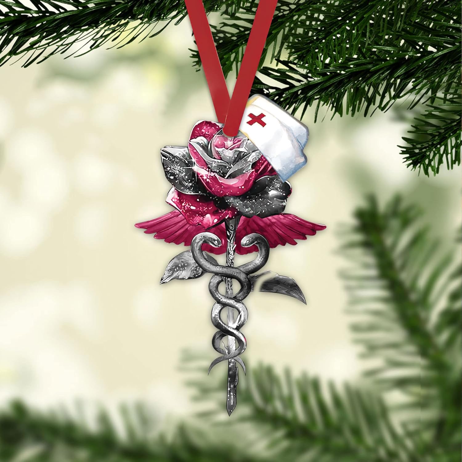 Talataca Pink Rose Flower Nurse Angel Wings Caduceus Rn CNA Gift 2D Flat Car Rear View Mirror Accessories Christmas Tree Ornament Decoration Hanging Charm Interior Rearview Pendant Decor Gift - Image 6