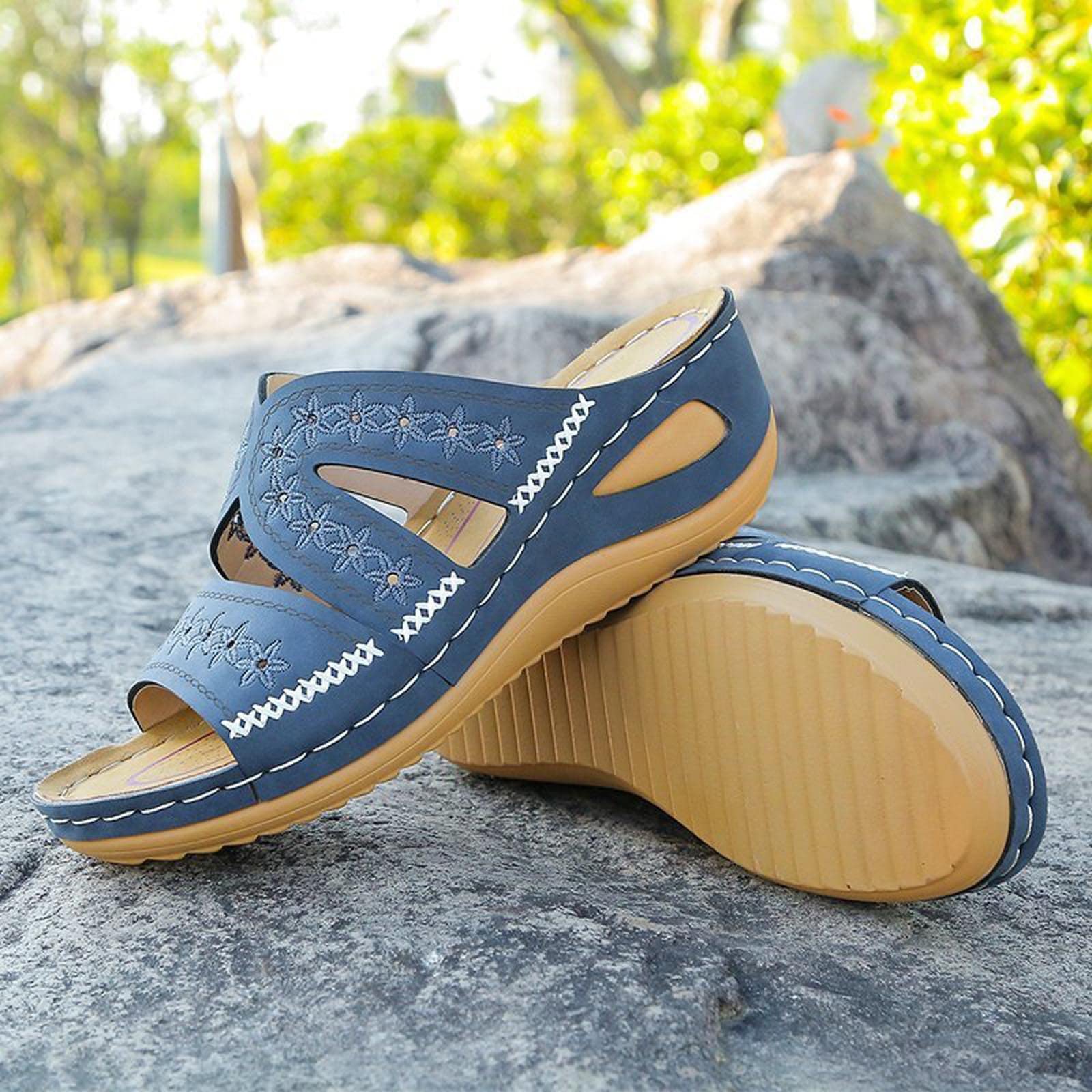 KQIVAM Women's Summer Orthopedic Sandals Leather Bohemia Open Toe Platform Slippers Summer Wedges Slippers Comfortable Breathable Sandals Chic Vintage Fashion Beach Shoes - 5