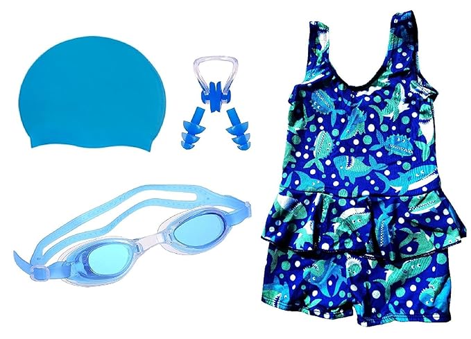 Golden Girl Girls Swimming Kit with Swimming Costume Swimming Goggles Silicone Swimming Cap 1 Nose Clip 2 Ear