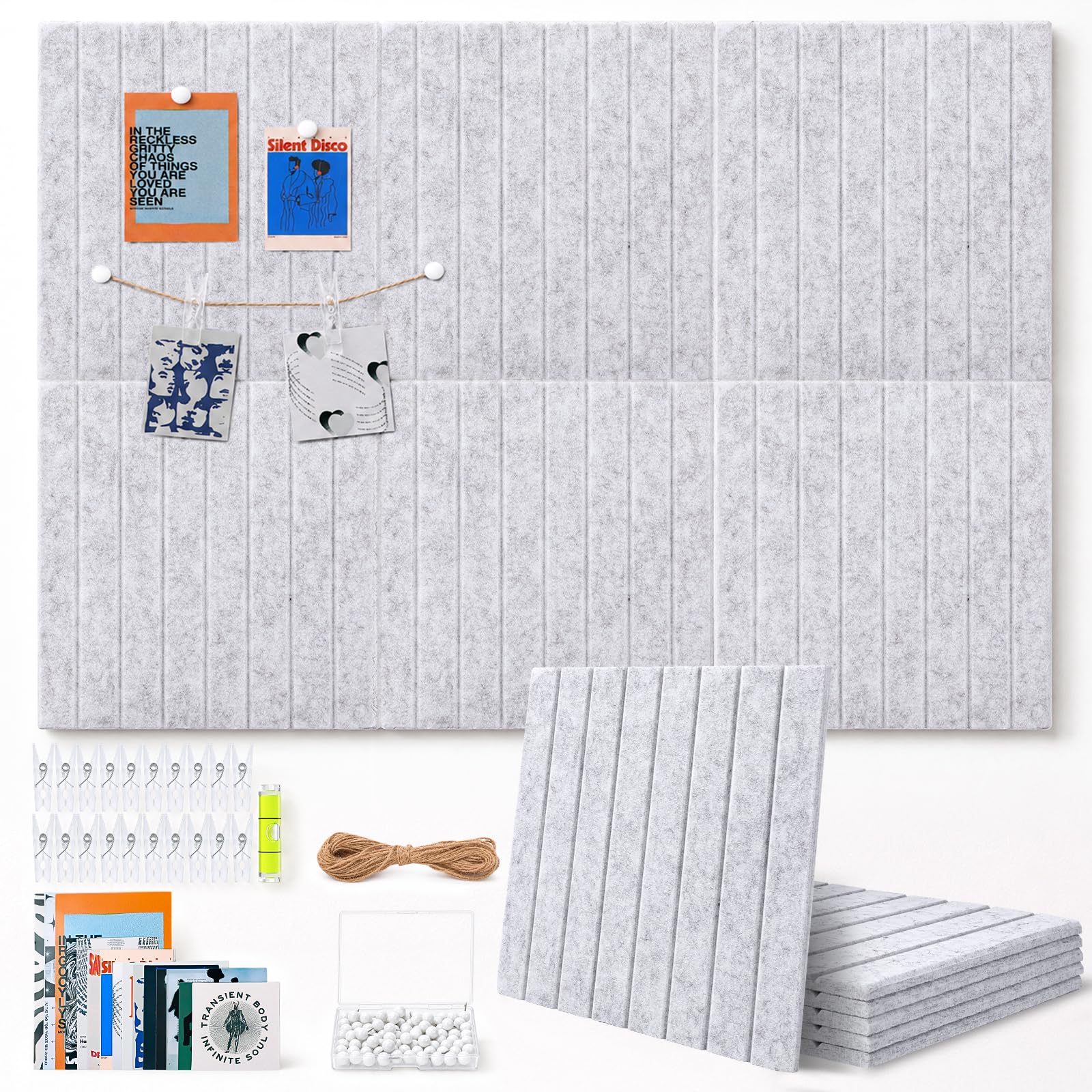 TruuNotion 6 Pack Felt Pin Board Self Adhesive, 36 x 24 inch Notice Board Tiles 0.9cm Thick Vision Board with 48 Nano Pads, 100 Push Pins, Cork Board Alternative for Office, Kitchen, Home (Light Gray)