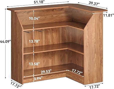 LITTLE TREE Bar Cabinet, 4-Tier Home Mini Bar Cabinet with Stemware Rack, Freestanding Wooden Storage Cabinets, Modern L-Shaped Liquor Table Cabinets for Living Room, Dining Room, Orange Brown