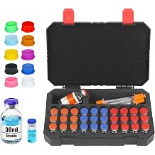 3ml Peptide Case for Fridge + 10Pcs 3ml Vial Caps 10 Colors, Peptide Travel Case TSA Approved, Portable Insulin Vial Case for 30ml BAC Water & Syringes with Needle 40 Slots/Black