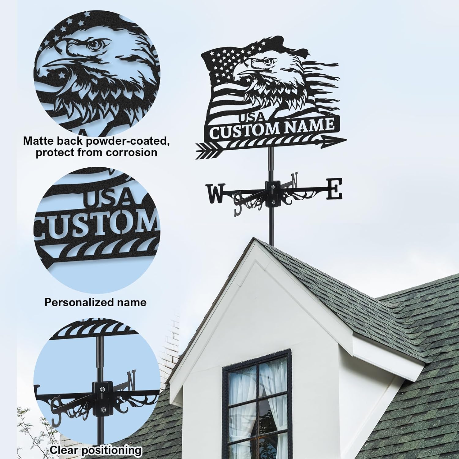 Personalized American Bald Eagle Weather Vane, Custom Family Name Metal Weathervane, Weather Vanes Roof Mount, Wind Direction Indicator, Wind Vane Outdoor Decor for Yard Farmhouse, Customized Gifts