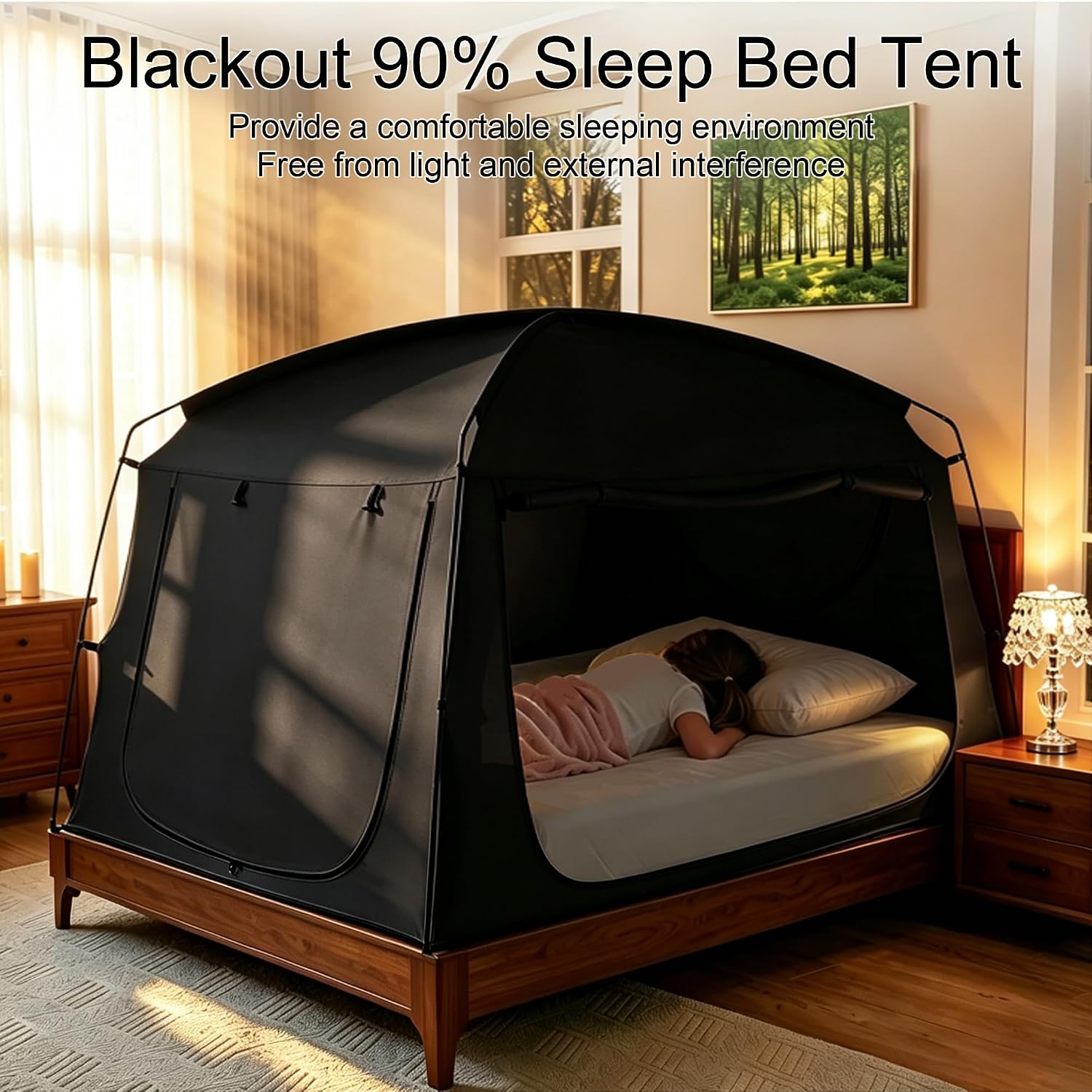 Full Blackout Bed Tent, Indoor Privacy Sleep Canopy, Black | For Adult Kids, Indoor Floor Office, 90% Blackout Canopy, 3 Door, Large Breathable Mesh Windows, Breathable blackout fabric