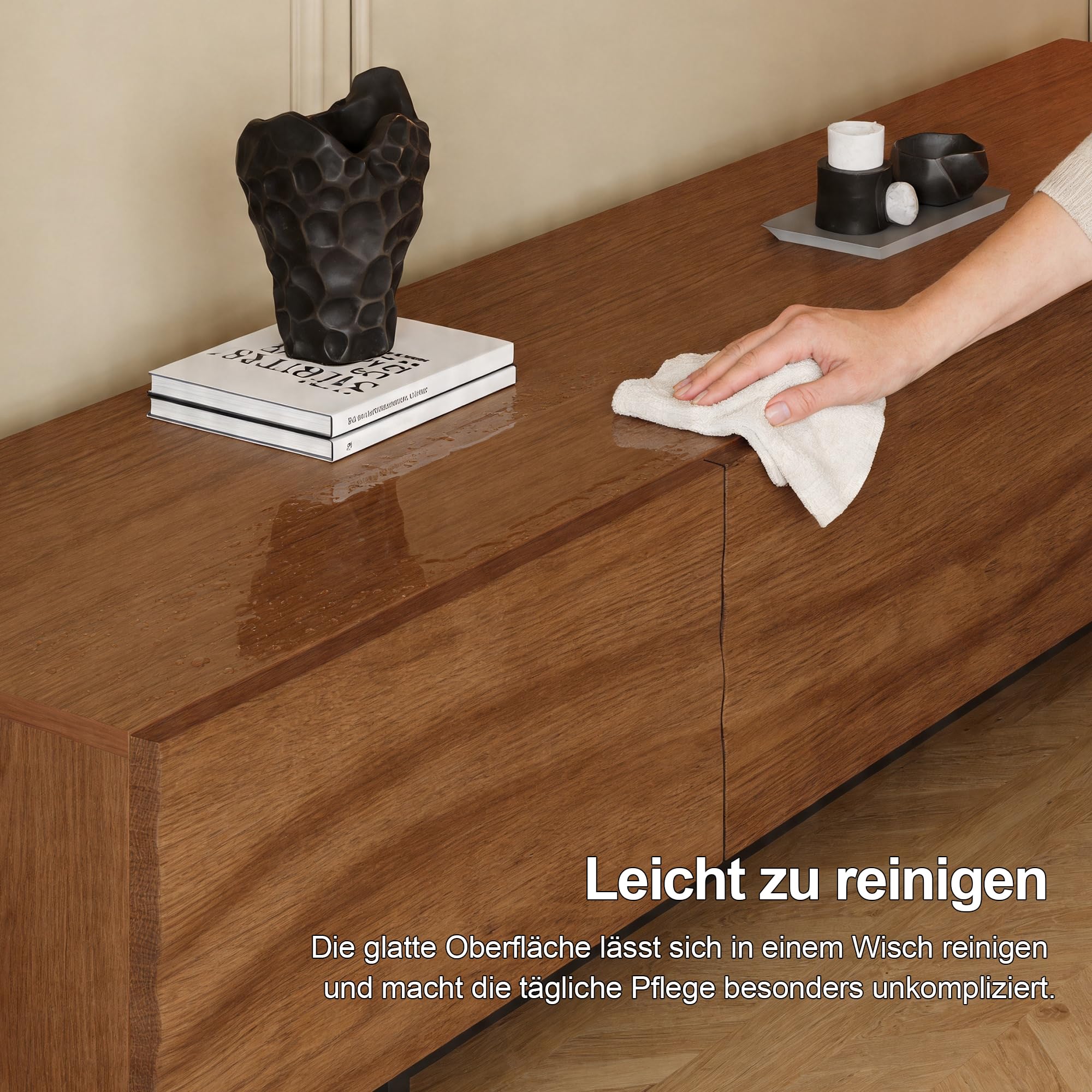 KAANAA TV-Schrank 210 cm, TV Lowboard für TVs ab 75 Zoll, Nussoptik | 210 cm Breite, Für TVs ab 75 Zoll, 3 Schubladen, Offene Fächer, Wellenfront, Nussoptik, Mid-Century Design