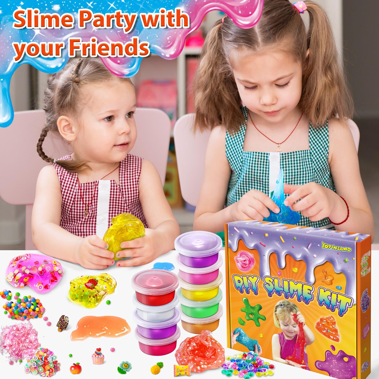 YOPINSAND 12 Farben DIY Schleim Kit, Slime Making Kit für Mädchen, Crystal Clear Slime, Glow in the Dark Slime mit Add-Ins Schaumstoffkugeln, Charms, Glitter, Geschenk-Spielzeug für Kinder