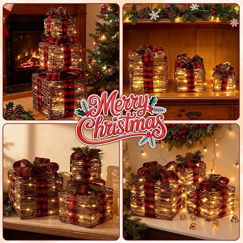 Miniatura 7 de LAWOHO Juego de 3 cajas de regalo iluminadas de Navidad, cajas de regalo de ratán marrón con lazos, cajas de regalo de Navidad LED para decoraciones
