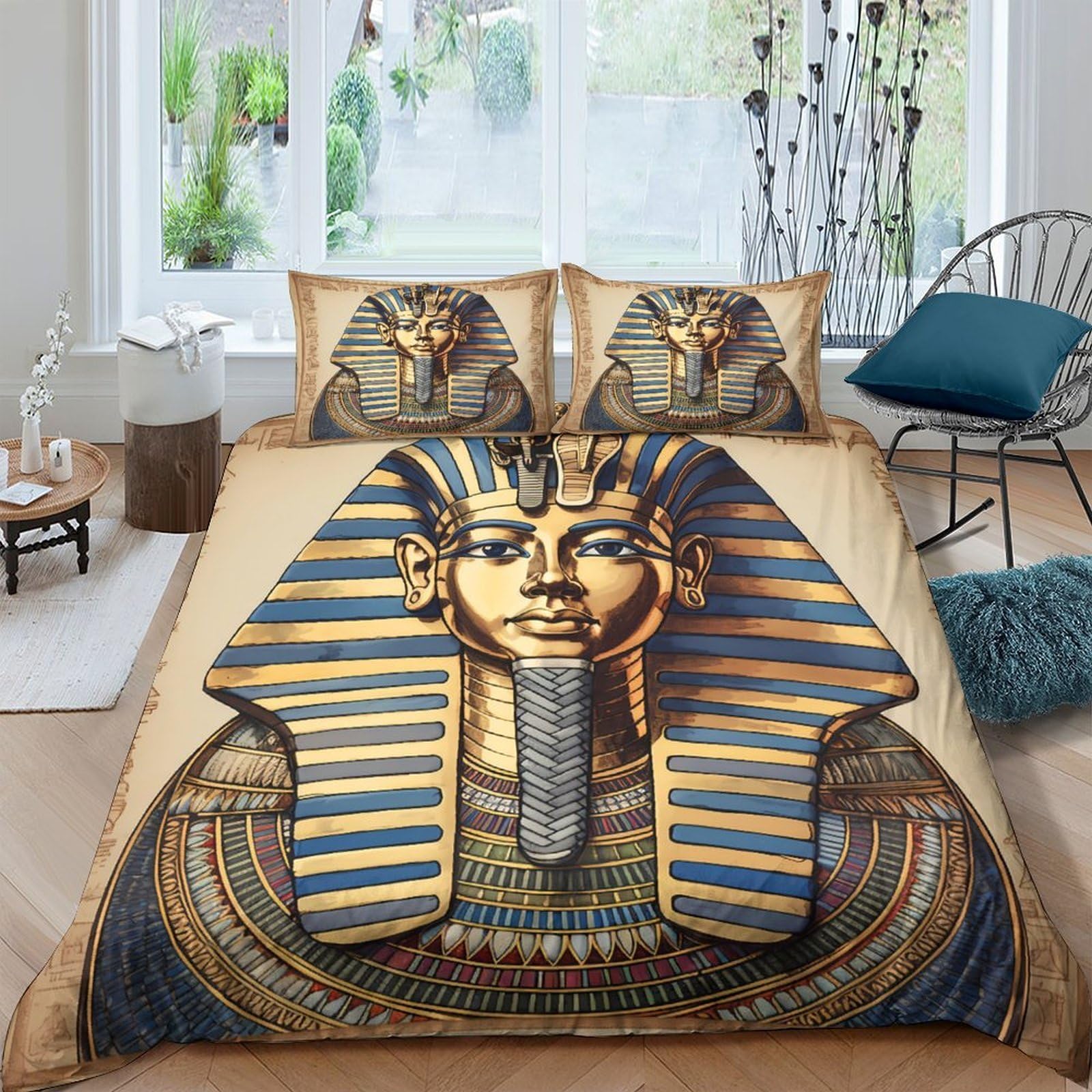 Ctjqhvkz Style-3 3D Printed Egyptian Pharaoh Fitted Sheet Microfiber Soft Breathable Gold Blue Sphinx Mattress Cover Bedroom Decor Single（135X200cm）