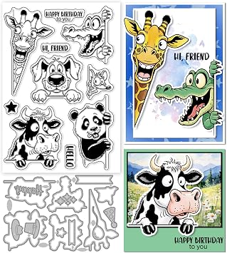 GLOBLELAND Funny Peeking Animals Clear Stamp and Cutting Dies Set for Card Making Cow Dog Silicone Clear Stamp Metal Panda Giraffe Mouse Crocodile Die Cuts for DIY Scrapbooking Photo Album