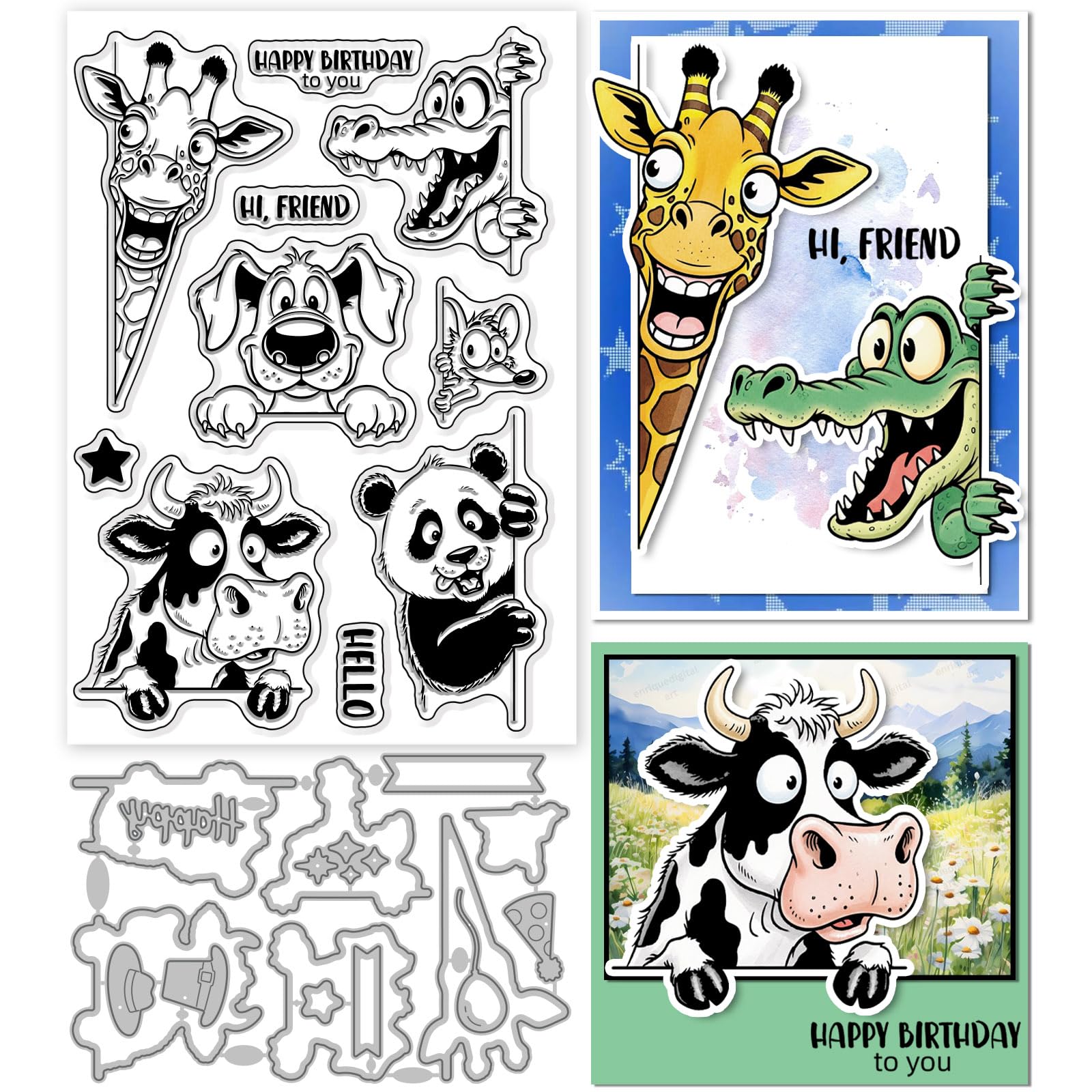 GLOBLELAND Funny Peeking Animals Clear Stamp and Cutting Dies Set for Card Making Cow Dog Silicone Clear Stamp Metal Panda Giraffe Mouse Crocodile Die Cuts for DIY Scrapbooking Photo Album