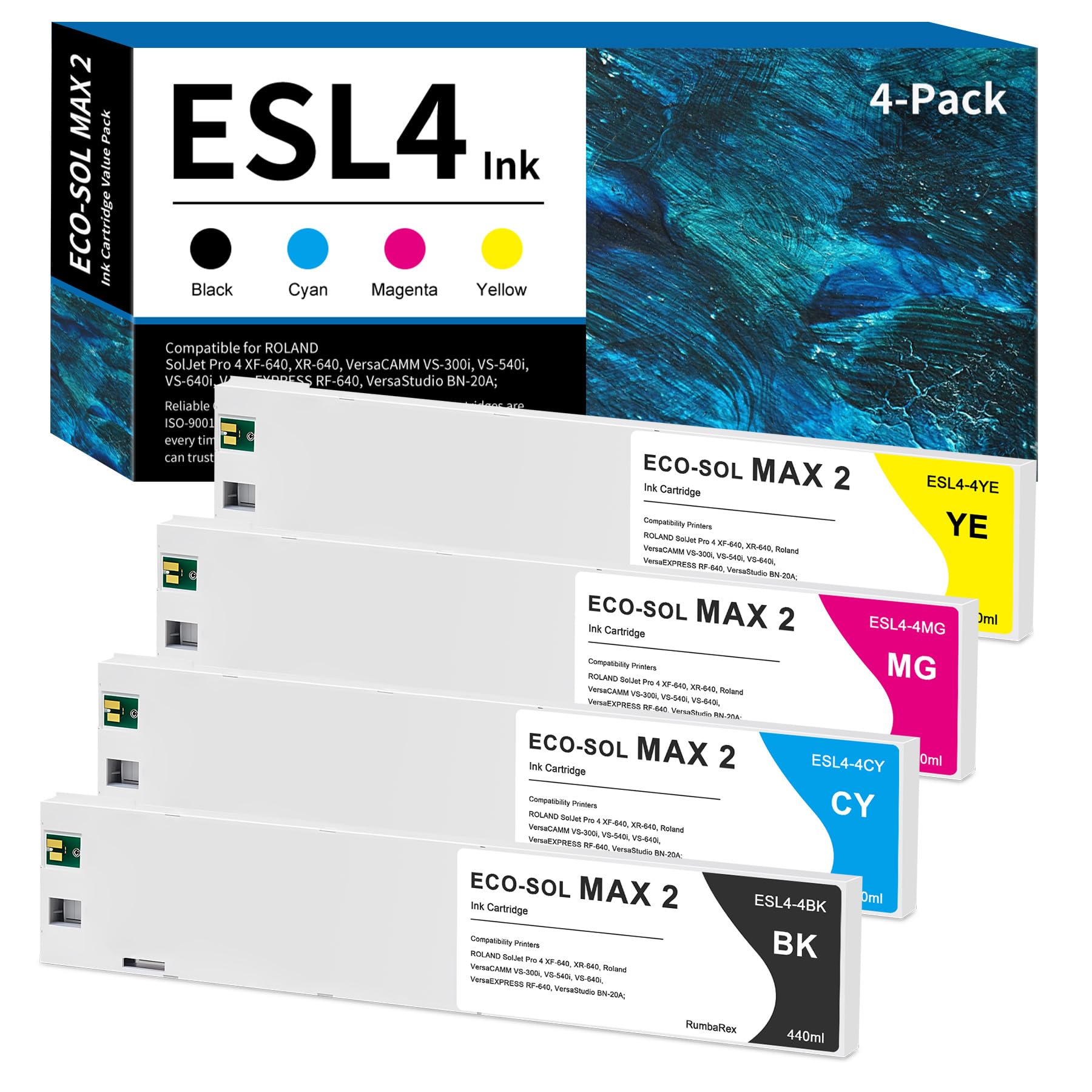 RumbaRex Compatible for Roland ECO-SOL MAX 2 Ink Cartridge 440ml, ESL4 Ink Cartridges ESL4-4CY ESL4-4MG ESL4-4YE ESL4-4BK Ink Cartridges 4-Pack (Black