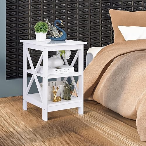 Miniatura 3 de Mesa auxiliar  Mesa auxiliar cuadrada pequeña con estante de almacenamiento, mesita de noche alta con diseño X para sala de estar, dormitorio,